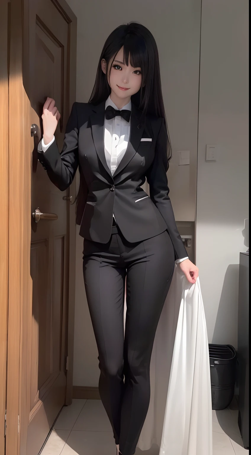 ((face perfect)), Looking here, Standing, legs are open、shining white skin、(A slight smil:1.5), (In a black suit:1.4), (((Full body like)))、((tmasterpiece))、 super fine face and eyes，thin and long legs, Straight long hair, Colossal tits