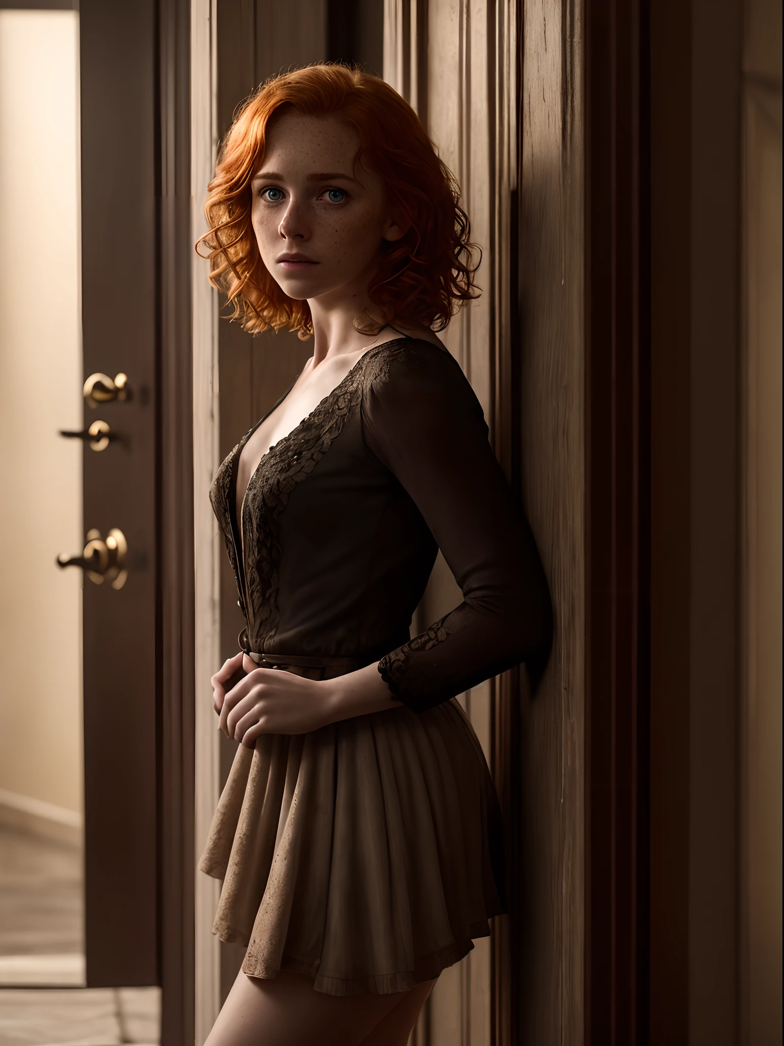 Realistic, photorealistic, RAW photo, ultra detailed, cinematic lighting, depth of field, (Darkness: 1.2), the night is dark and full of sorrow, cute woman, standing in doorway, she leaves but turns around to say goodbye, most detailed cute face, sexy look, short ginger hair, freckles, short black skirt, spot lighting, deep shadow, low key, low angle, masterpiece, Cinematic composition, aesthetic of dramatic movie picture, Centered image.