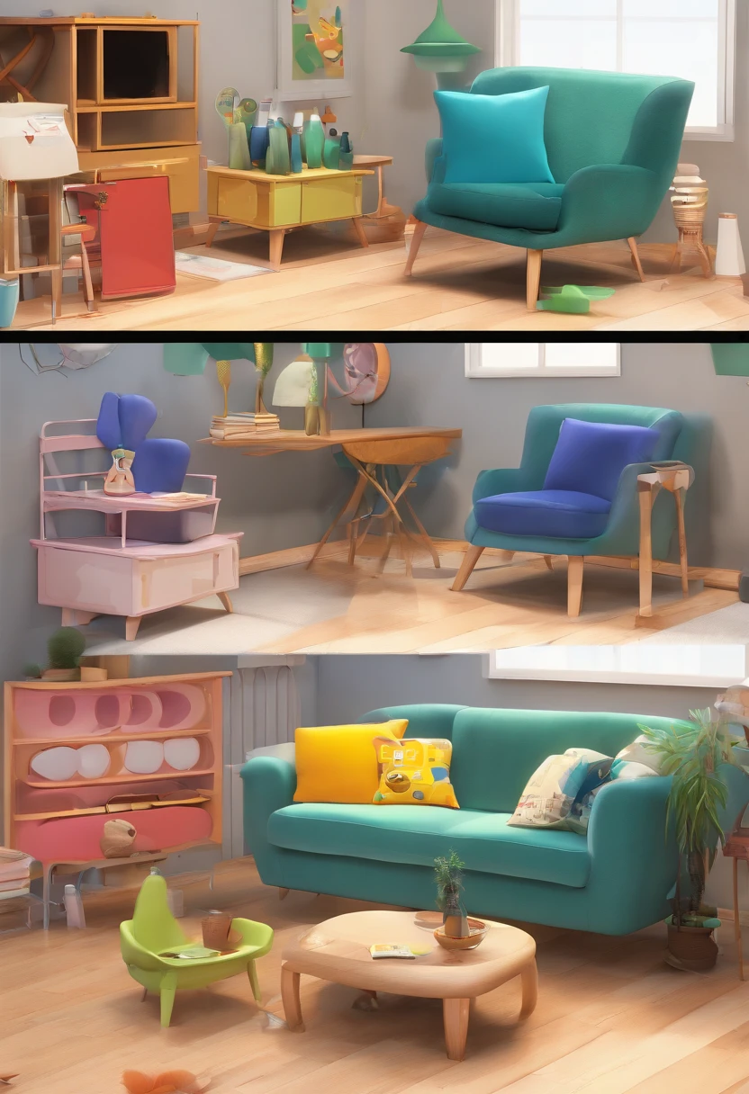 Modern and stylish cartoon from furniture store, 3 mulheres, 1 homem careca, 3D Animation Movie Poster, Poster de filme animado, pixar 3 d animation style, pixar renderman rendering, maia 8 mil, animated film, Disney Pixar Estilo 3D, vendedoras felizes, All wearing black shirts and long pants, furnitures, frente de loja escrito VERO DESIGN, Disney Pixar Animation Poster