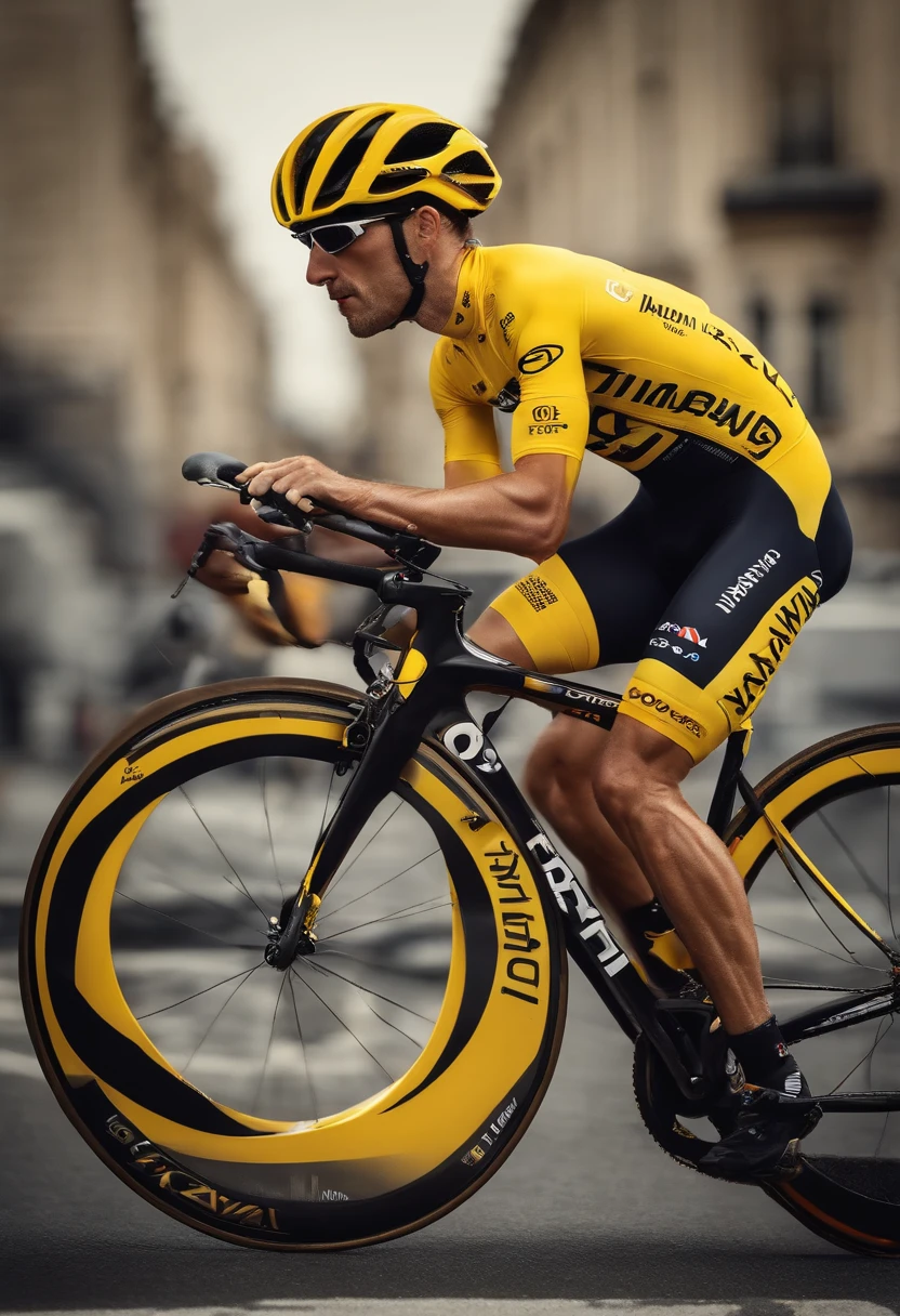 There's a man riding his bike down the road with a car behind him, ๐ฟ๐๐, desporto, Yann Blomquist, Tour de France, ๐น๏ธ ๐ ๐ฌ, Bram Sels, Anton Semonov, Armstrong Rolf, Carlos Dalmau, acabamento fosco, icaro carvalho, esquema branco e amarelo, ciclismo!!, Maxim Shirkov