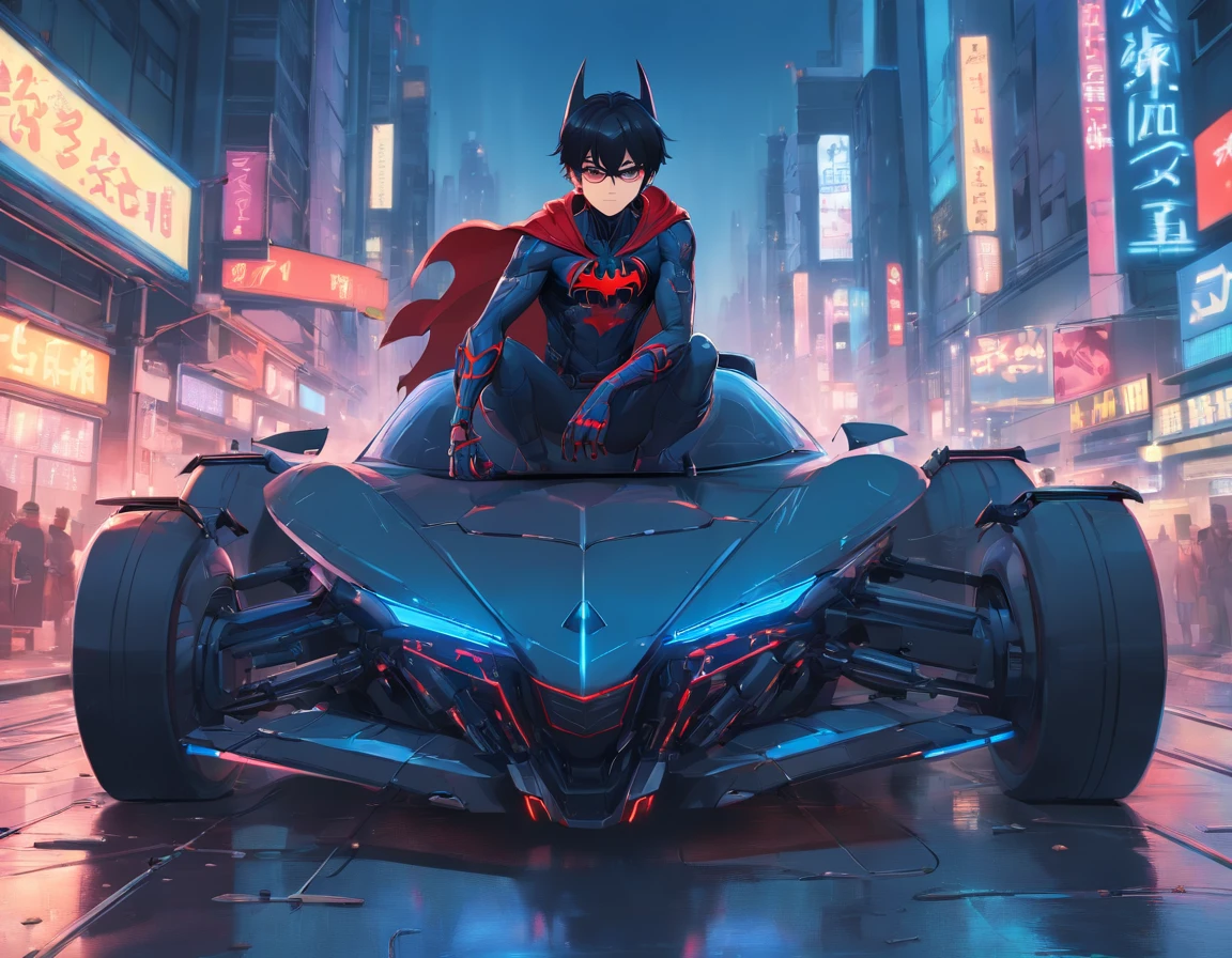 4K detailed Batman 3D rendering with blue detailed eyes and a vengeance face with a futuristic anime style red and black detailed Spider Man costume
in his very well detailed cyberpunk batmobile in a cyberpunk city