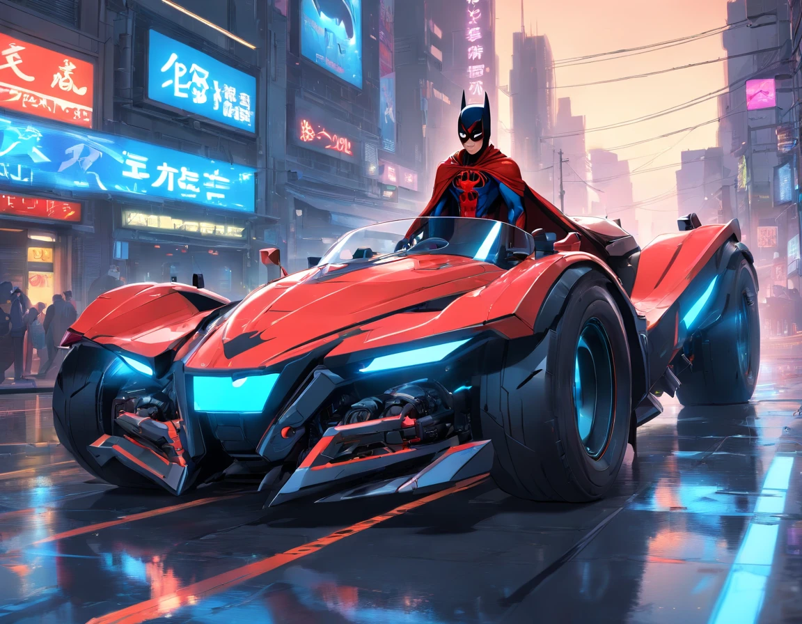 4K detailed Batman 3D rendering with blue detailed eyes and a vengeance face with a futuristic anime style red and black detailed Spider Man costume
in his very well detailed cyberpunk batmobile in a cyberpunk city