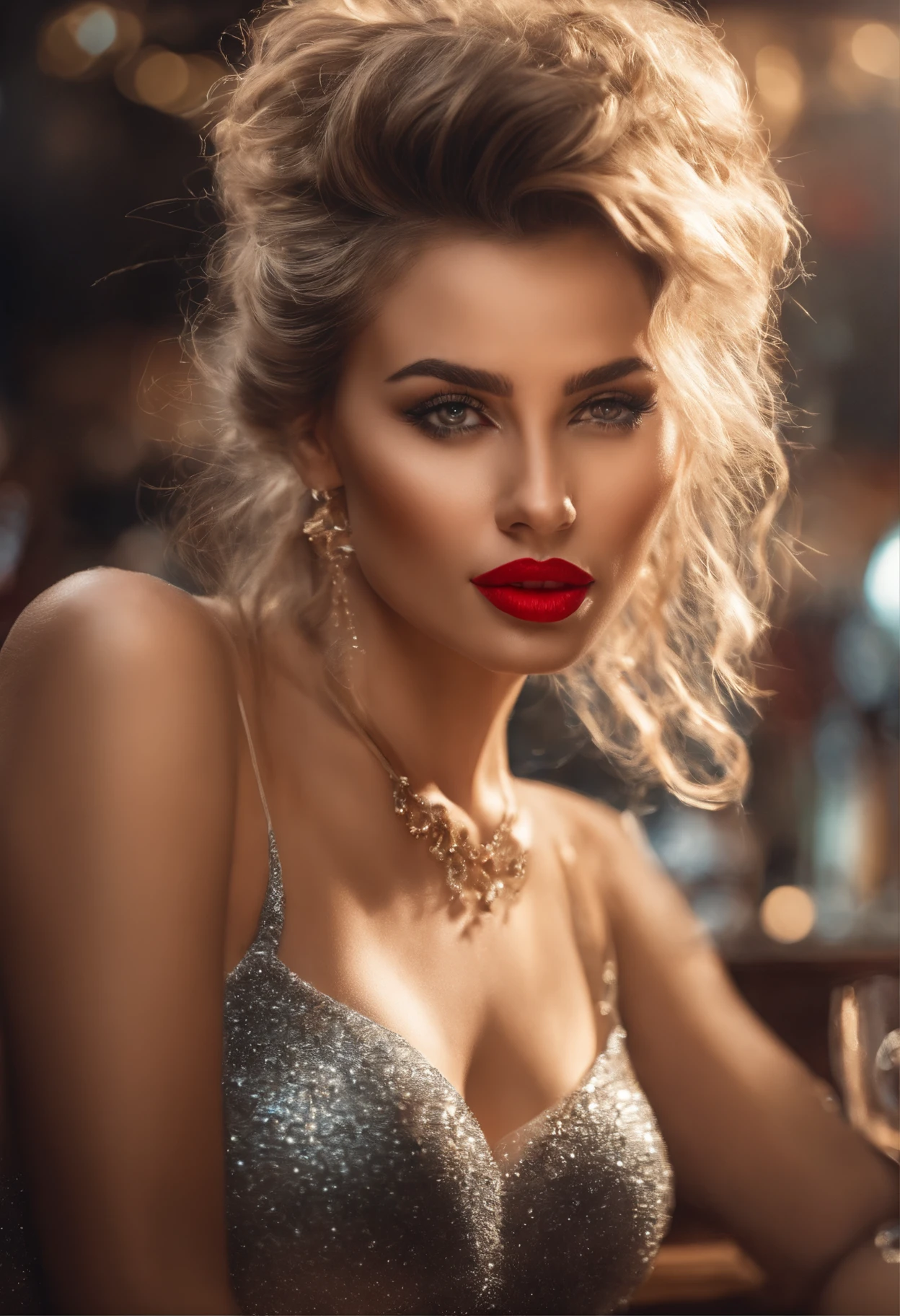 mulher loira, 25 anos, Enxoval curto, Realista, sentado em um bar, impaciente, Realista, 4k, disco Rigido. Red lips and wearing only a necklace, Ultra detalhado, photoreallistic, intagram,