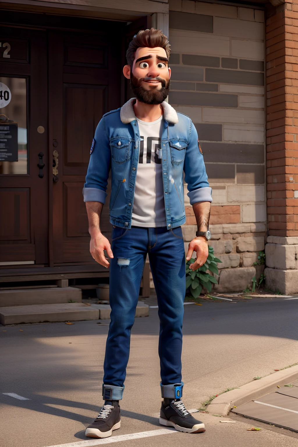 master part, best quality, um jovem de meia idade com barba mescladA e curta cabelos castanhos, vestindo uma jaqueta de couro e jeans preto, ao lado de sua motocicleta