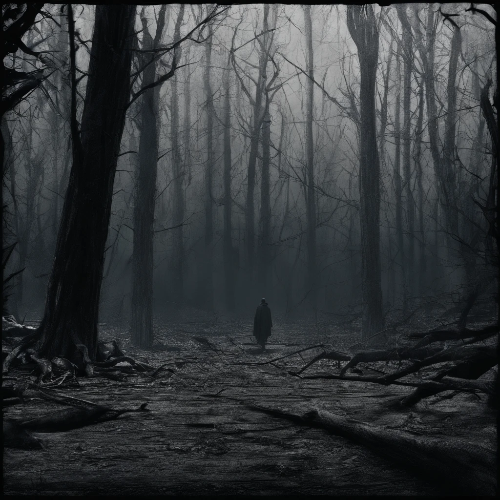 wooded area, shadows of people