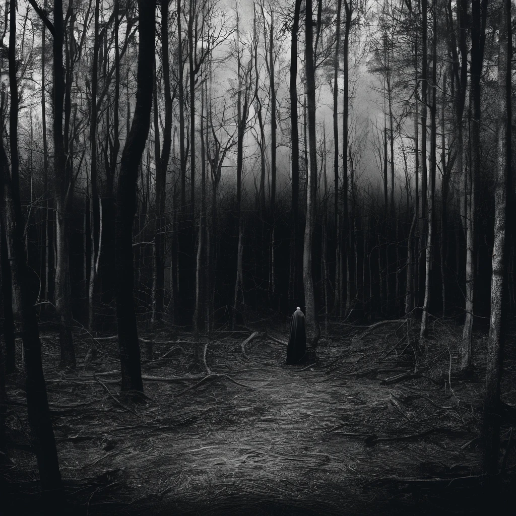 wooded area, shadows of people