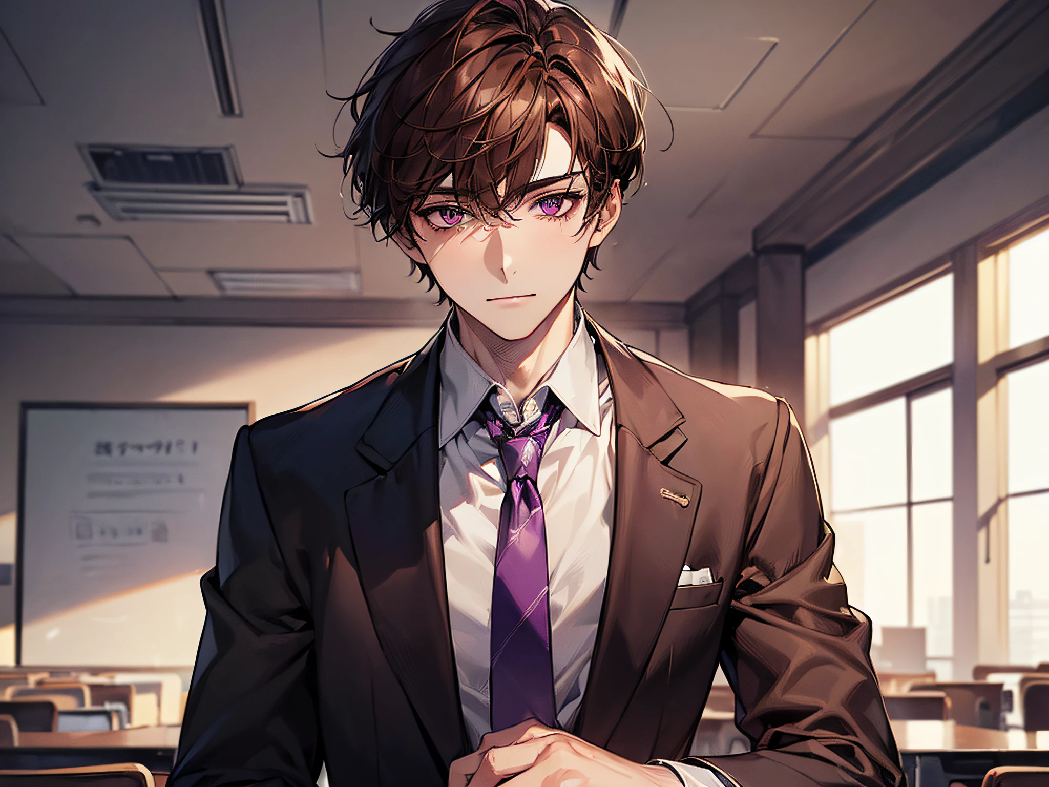 (((((solo)))),24-year-old boy, Warm skin, Pupil Purple, Mature Face, head portrait, Brown hair, Short hair, Facial Focus, Adult, Business Suit, Jacket, White shirt, tie, Pants, Best Quality, Facial details.,‎Classroom,Sharp eyes