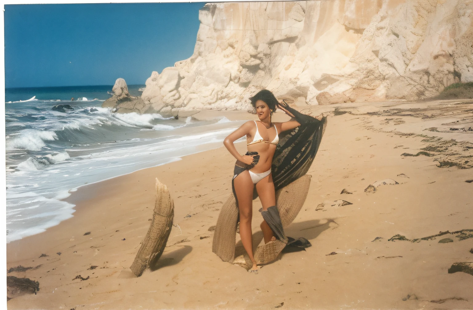There's a woman standing on a beach with a towel, posando na praia, posando em uma praia com o oceano, na praia, Sandra Chevier, tiradas no final dos anos 1980, em uma praia tropical, na praia, near the sea, na praia, standing near the beach, 1980's, na praia