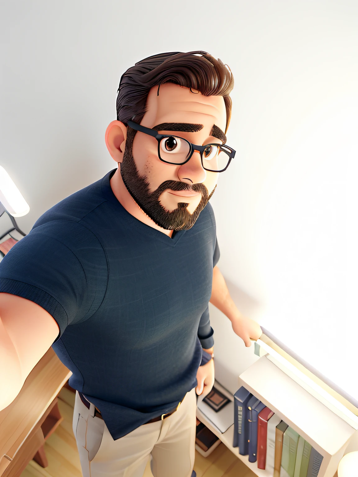 Um homem, 34 anos, bonito, de barba, illuminated by the light of a lamp, contra o pano de fundo de uma biblioteca