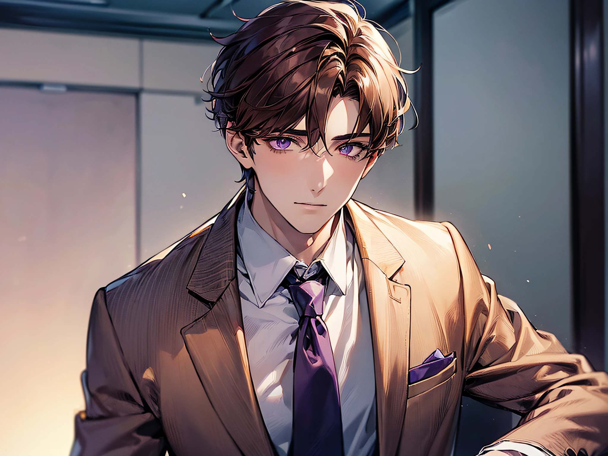 (((((solo)))),24-year-old boy, Warm skin, Pupil Purple, Mature Face, head portrait, Brown hair, Short hair, Facial Focus, Adult, Business Suit, Jacket, White shirt, tie, Pants, Best Quality, Facial details.,‎Classroom,Sharp eyes
