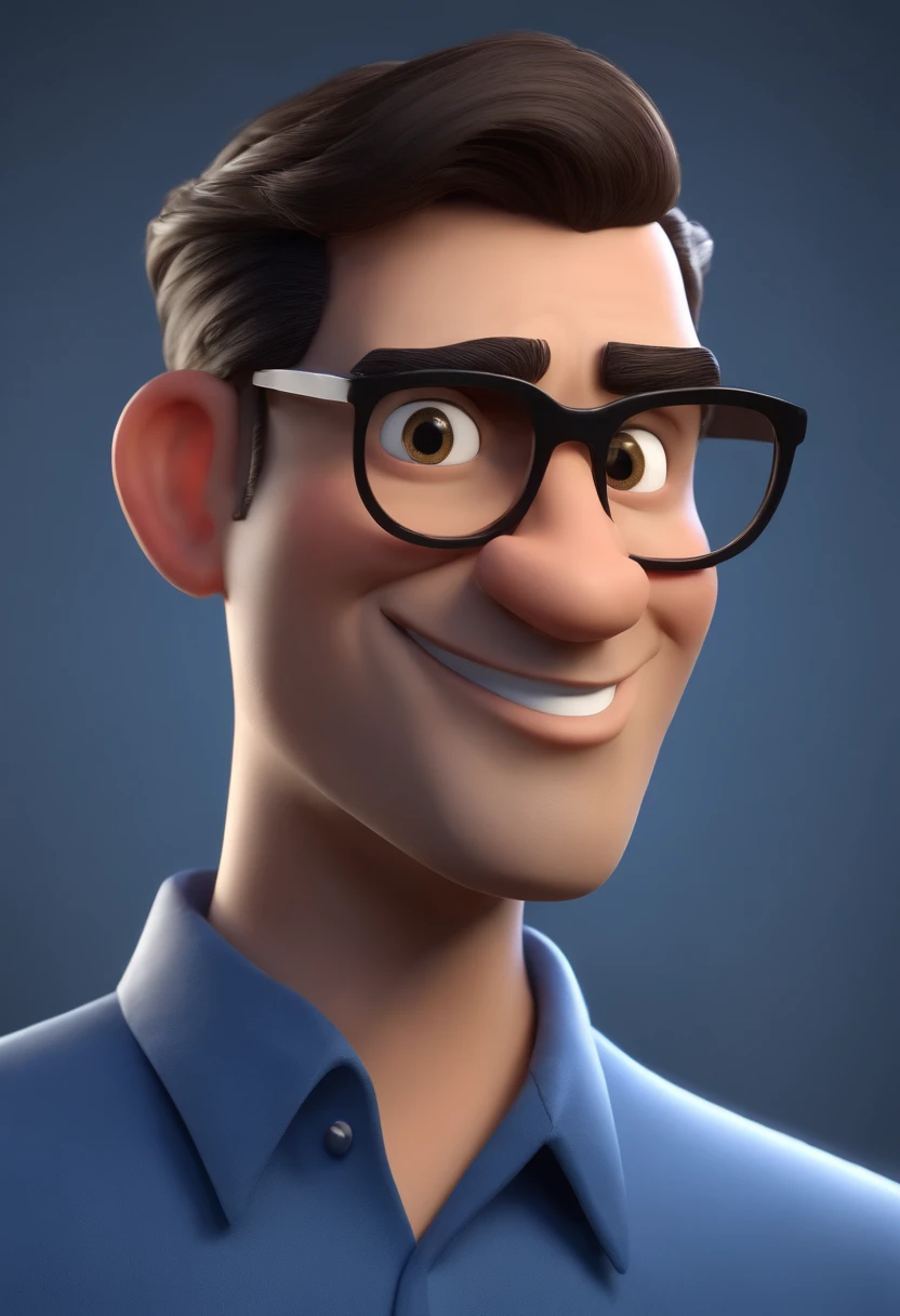 Cartoon character of a man wearing black glasses and a blue shirt, um personagem animado, Caractere estilizado, animation style rendering, 3D estilizado, Arnold Maya render, 3 d render stylized, toon render keyshot, Personagem 3D, Personagem 3D, 3d rendering stylized, 3 d character render, personagem de desenho animado, Personagem de close up, Pose de personagem, (Estilo Pixar) (master part:1.2) (Bokeh) (best quality) (pele detalhada) (textura detalhada) (8k) (argila) (Cinematic lighting) (foco nítido，Senta e vaza a parte superior do corpo