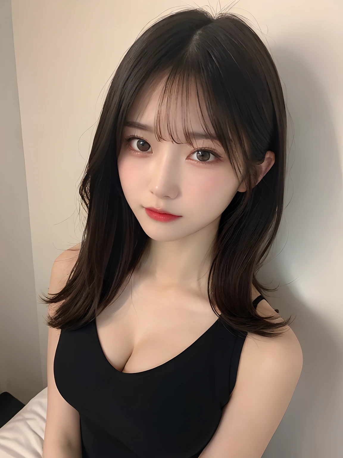 (Photorealistic:1.37、Real)、High-definition CG integrated 8K wallpaper、(Headquarters Skin:1.8、Glossy Skin)、Digital SLR、Soft lighting、high quality、Fujifilm XT3、1girl、solo、White Wallpaper Background、Wood Grain Floor、Medium Hair、small breasts、Black Bra、Black panties、Woman lying in bed、Lower body photo