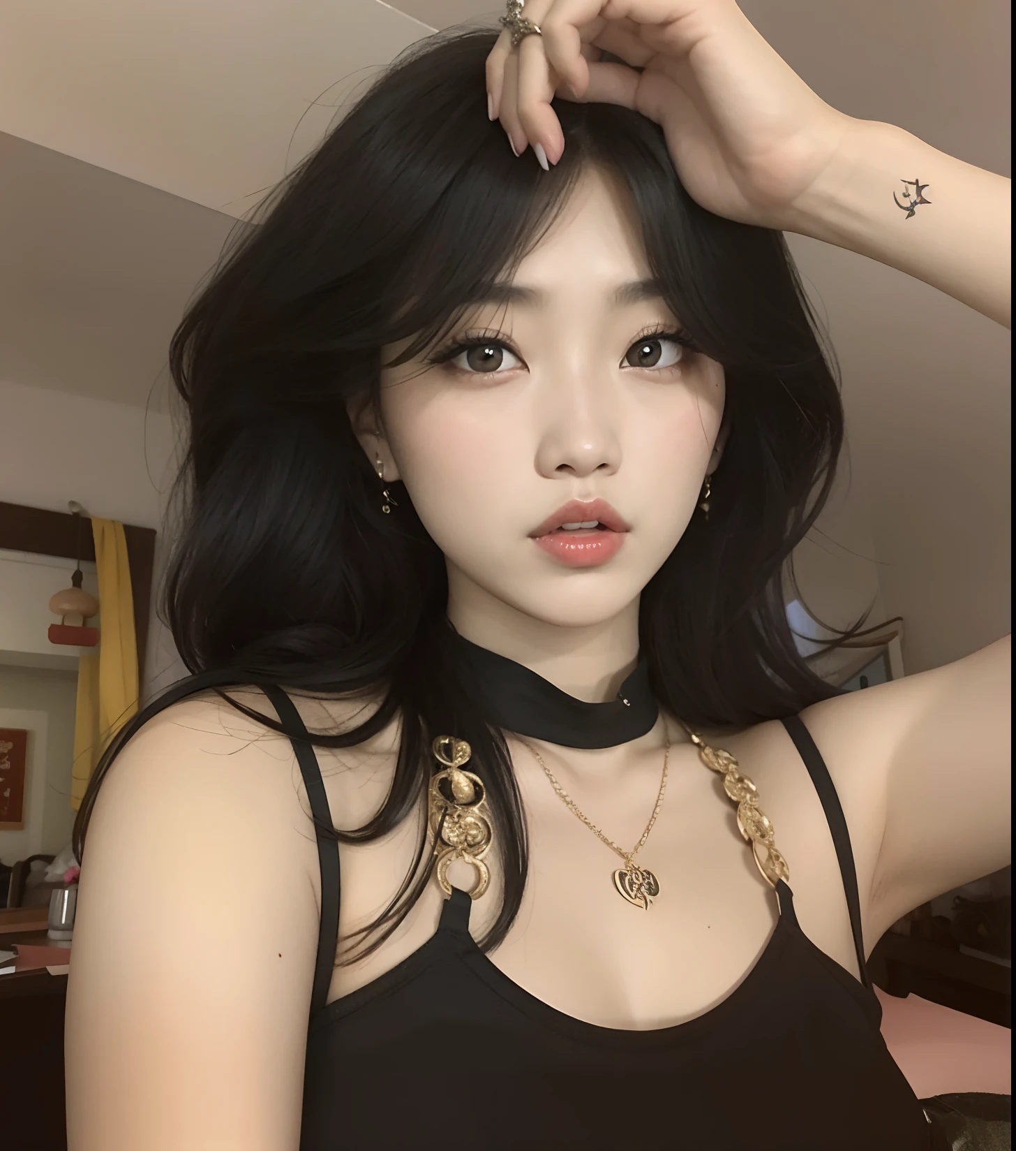 Asian woman araffed with a black top and a choker, cruel korean goth girl, Ela tem cabelo preto com franja, linda mulher coreana jovem, menina coreana, Mulher sul-coreana bonita, goth girl aesthetic, 18 anos, Xision Wu, Ulzzang, mulher coreana jovem bonita, an Asian woman, Asian girl, 19-year-old girl