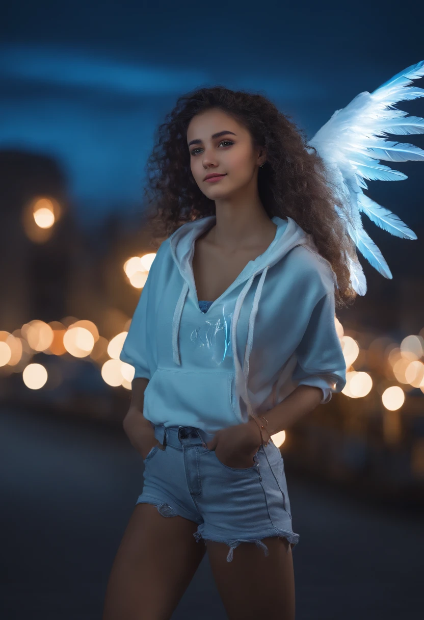 "picture quality: 8K (Highest quality scale: 1.2), Artistic style: Realistic, Photorealistic elements: 1.37, Clarity: Ultra high definition, subject:One girl flying over stunning cityscape ,Hoodie,Blue hair, Neon Color Shooting Star, Very long hair, off shoulders, feathers hair ornament, neon color, flashes, stunning night sky, Teenage girl (16 years old), Notable features: Pleasant smile, Closed mouth, exquisitedetails, Lovely Nose, Composition: Full body, damp hair, context: In the giant Darsepho,, attire: Snow White T-Shirt, Angel wings very detailed