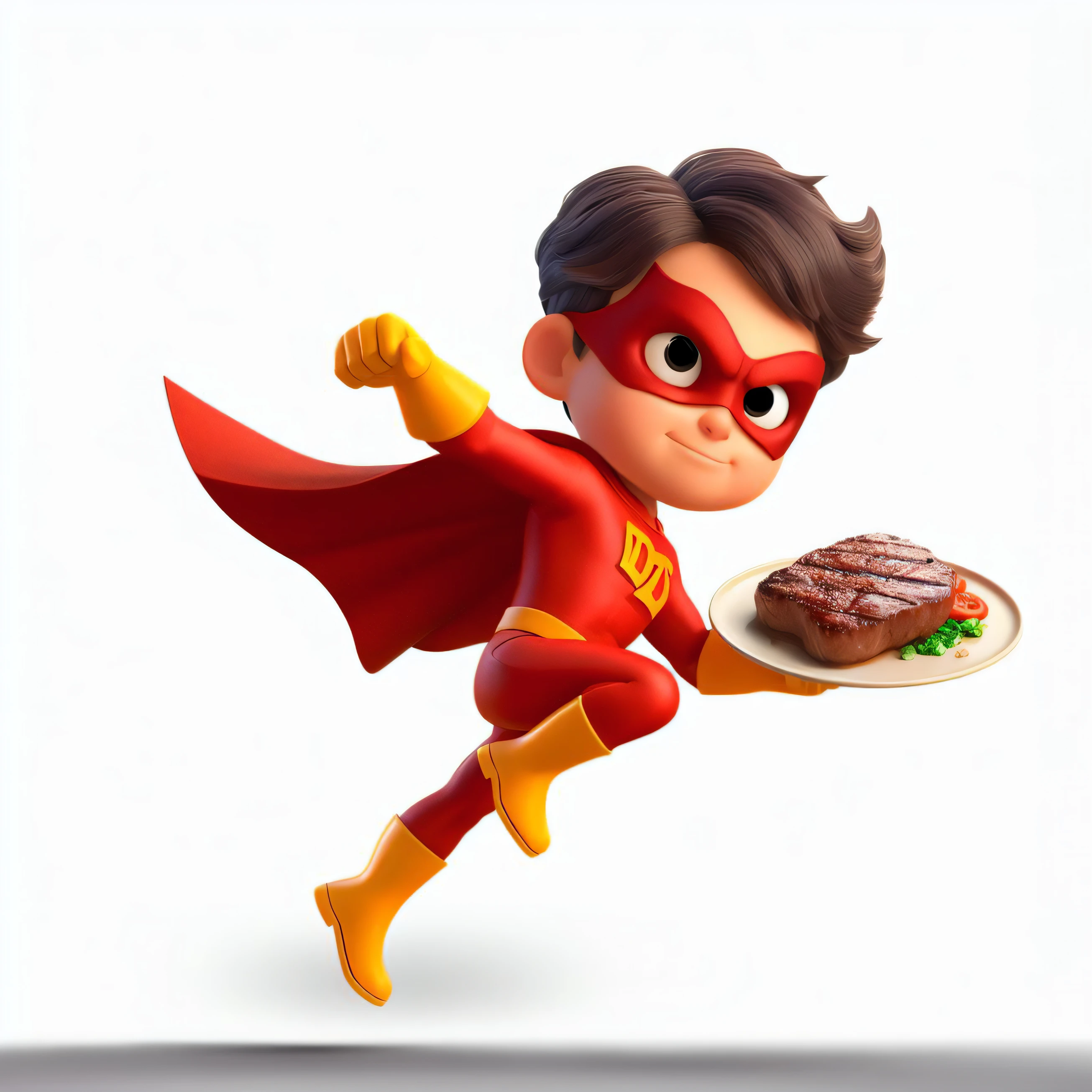 Cartoon character of a young boy dressed as a superhero running with a plate of food, Hero Action Pose, Render promocional, Superhero pose, With red and yellow hero costume, superhero body, Heroic Action Pose, super hero, Pixar. Renderizado de octanaje, Renderizado de Pixar, Al estilo de Kyrill Kotashev, hamburguesa, merged character, Arte Oficial