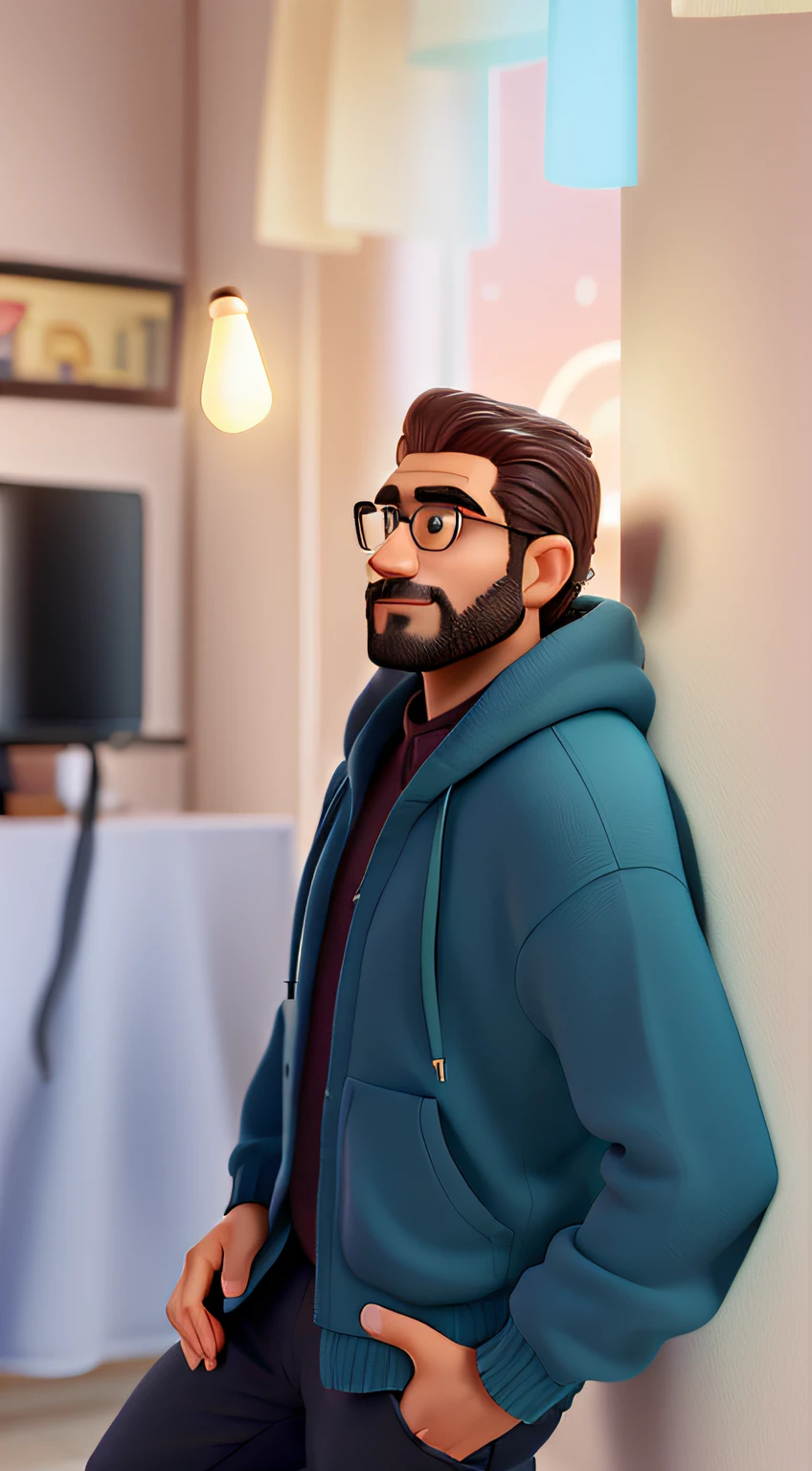 Um homem, 34 anos, bonito, de barba, illuminated by the light of a lamp, contra o pano de fundo de uma sala