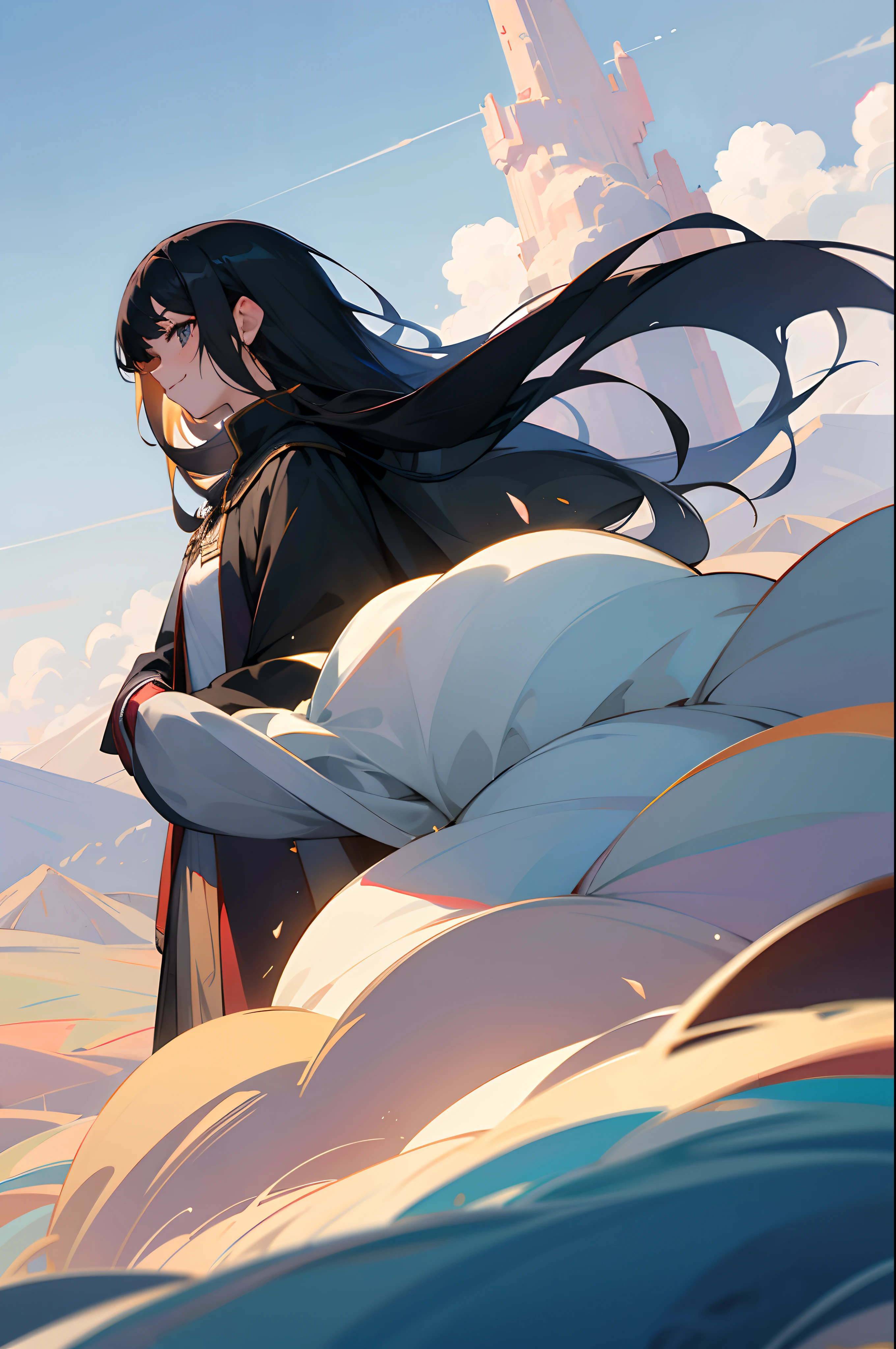 young , shoun, Thin, Cloak, There are mountains and water in the background, black hair, crossed bangs, mole under eye, light smile, cloud hair, anime style, best quality, UHD, 1080P --auto