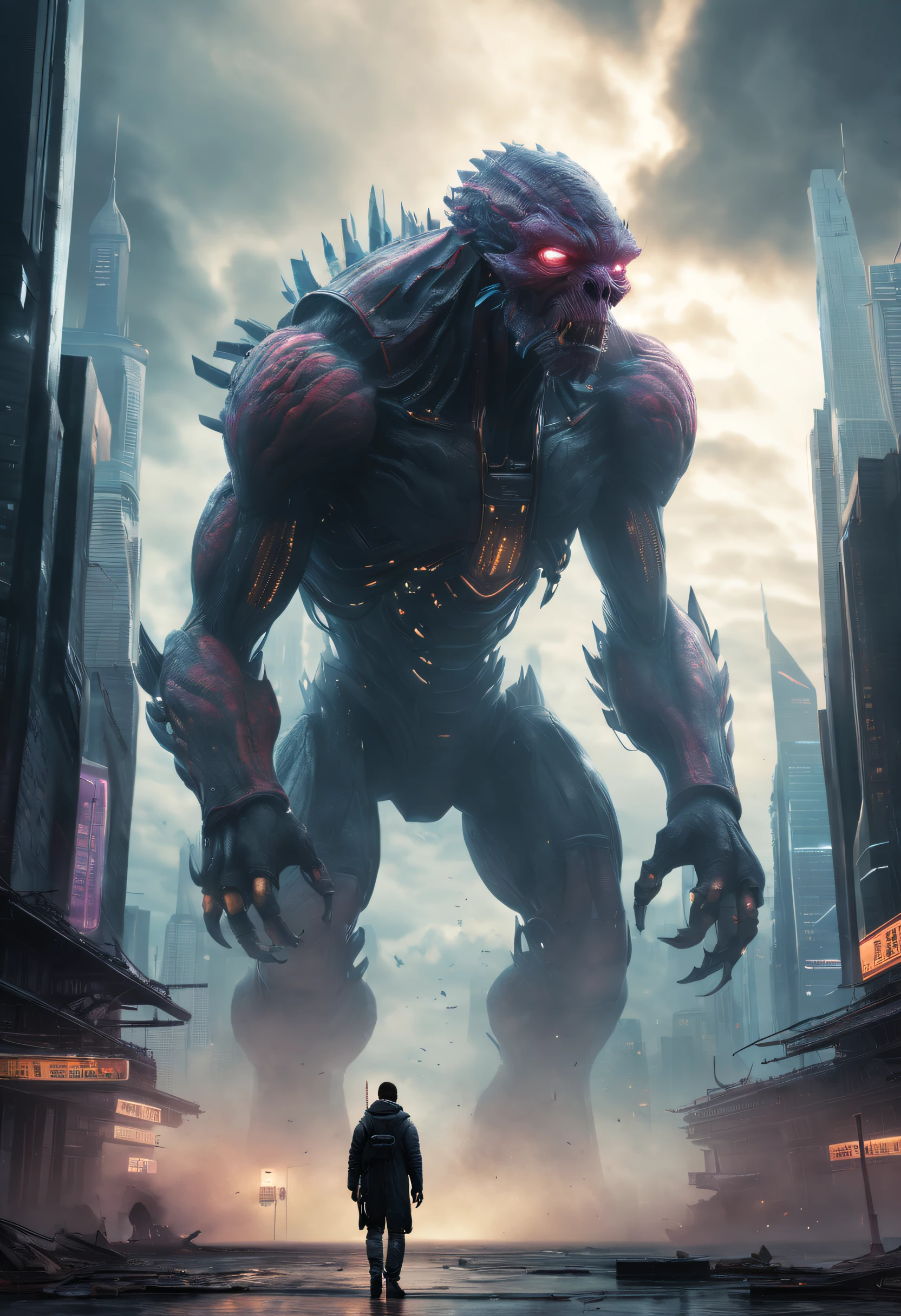 (Best quality, 4K, 8K, A high resolution, Masterpiece:1.2), Ultra-detailed, (Realistic, Photorealistic, photo-realistic:1.37)，A giant monster breaks through the clouds，ultra-realistic realism，Epic dreams，Beautiful sci-fi art,science fiction digital art,futuristic urban background，Beautiful sci-fi art, Science-fi digital art illustration, Digital cyberpunk art, science fiction digital painting, futuristic digital painting, futuristic concept art, in front of a sci fi cityscape, science fiction digital art, Advanced digital cyberpunk art, Fantastic cyberpunk monsters
