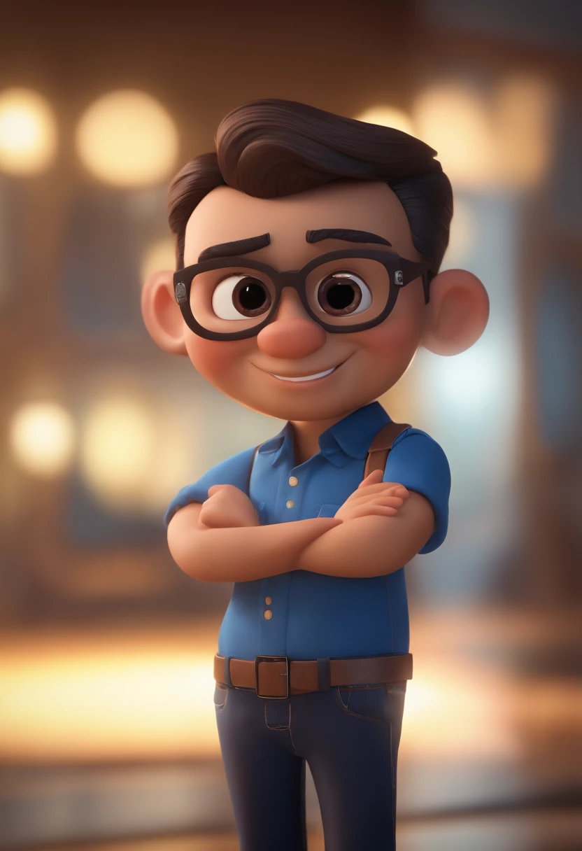 Personaje de dibujos animados de un hombre con gafas negras y una camisa azul, animation character, stylized character, Rendering animation styles, 3D estilizado, Arnold Maya render, 3D render estilizado, Toon renderizar keyshot, Personaje 3D, Personaje 3D, Renderizado 3D estilizado, Renderizado de 3 caracteres D, Personaje de dibujos animados, Personaje de primer plano, Pose del personaje,  (estilo pixar) (Pieza maestra:1.2) (Bokeh) (La mejor calidad) (Piel detallada) (Textura detallada) (8k) (arcilla) (cinematic lighting) (foco nítido