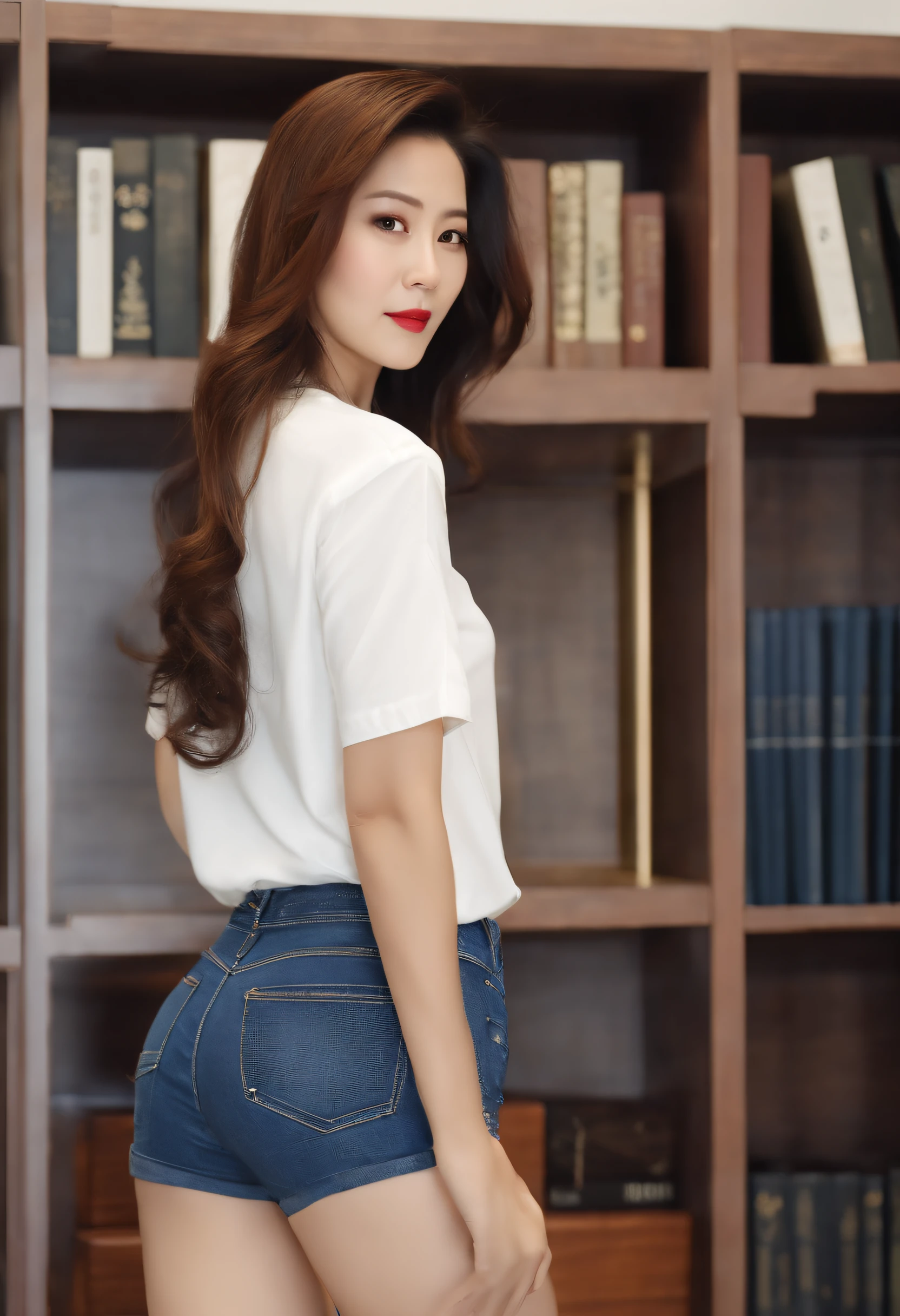 (Tight denim shorts),(White T-shirt),50yearsold,office room,8K high-definition,japanese beautiful woman, detailed hairs,Buttocks hard,accentuated hips,