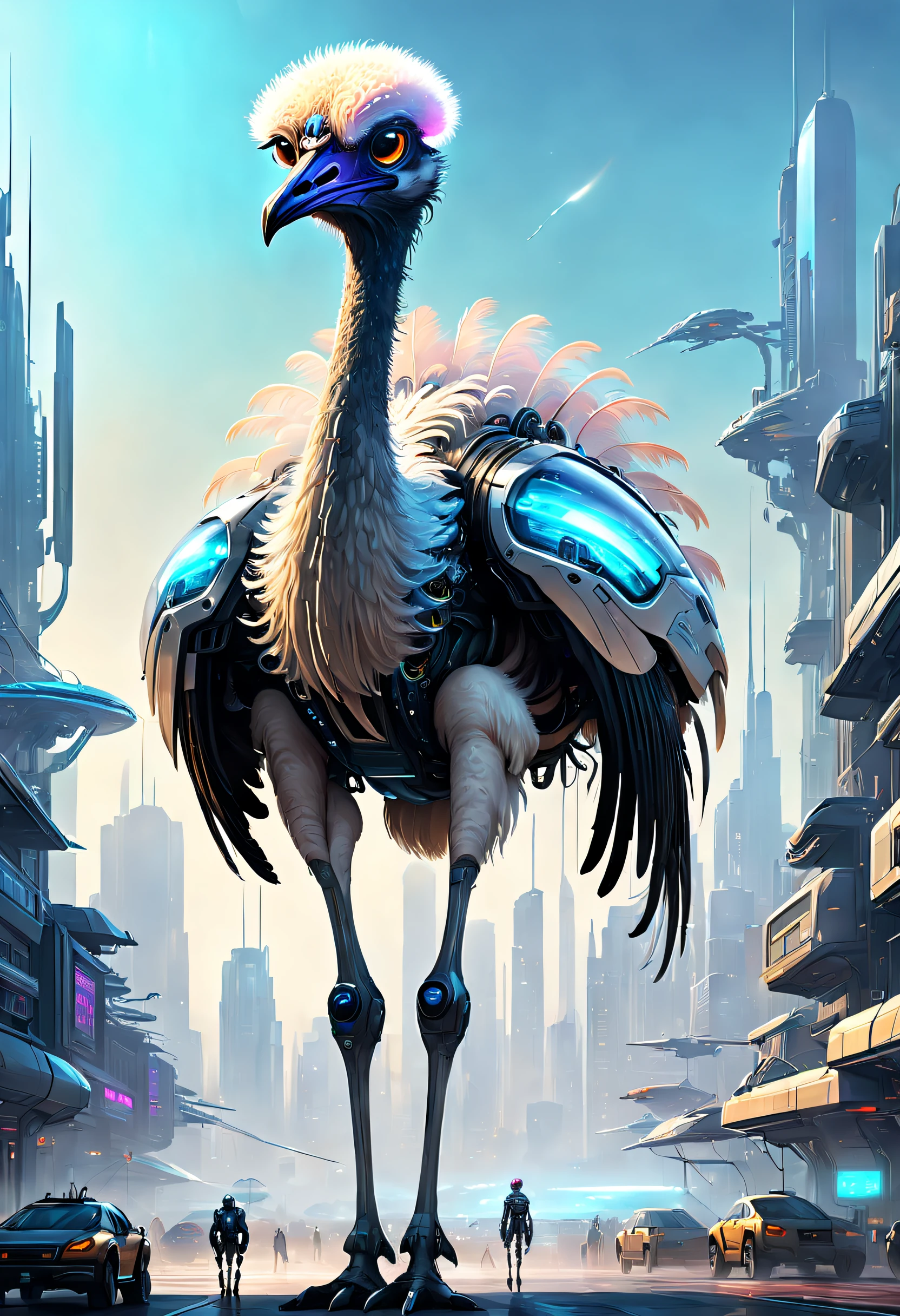 Giant translucent, Ethereal, Mechanical ostrich,Huge futuristic ostrich,Two-legged ostrich,futuristic urban background,Beautiful sci-fi art, Science-fi digital art illustration, Digital cyberpunk art, science fiction digital painting, futuristic digital painting, futuristic concept art, in front of a sci fi cityscape, science fiction digital art, Advanced digital cyberpunk art, Fantastic cyberpunk ostrich