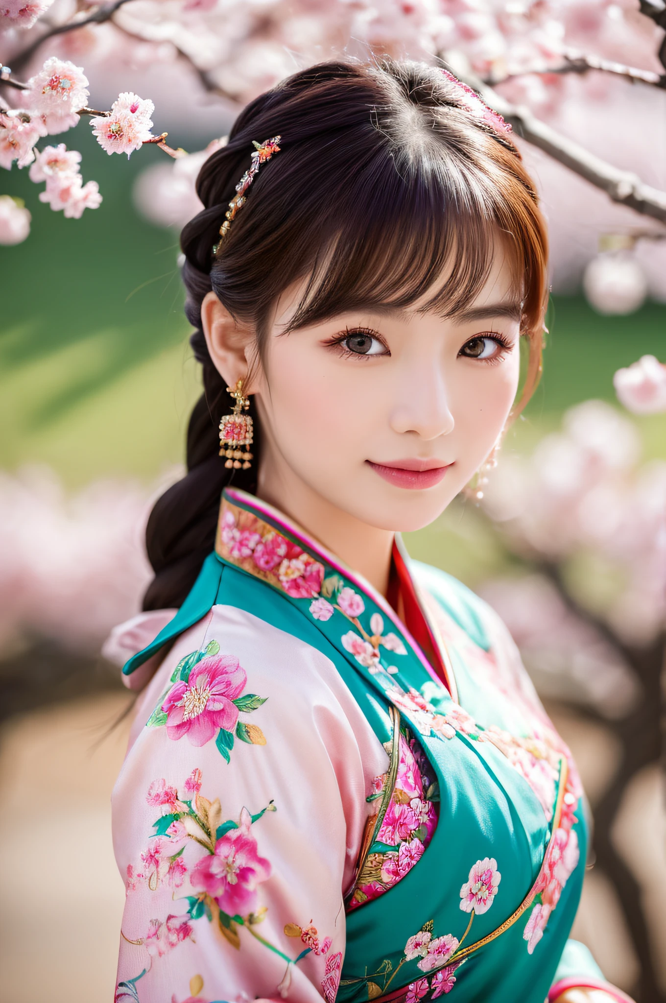 (best quality,highres,ultra-detailed:1.2), vivid colors, portraits, group of Chinese women, traditional clothing, delicate facial features, intricate hairstyles, elegant poses, beautiful detailed eyes, cherry blossom background