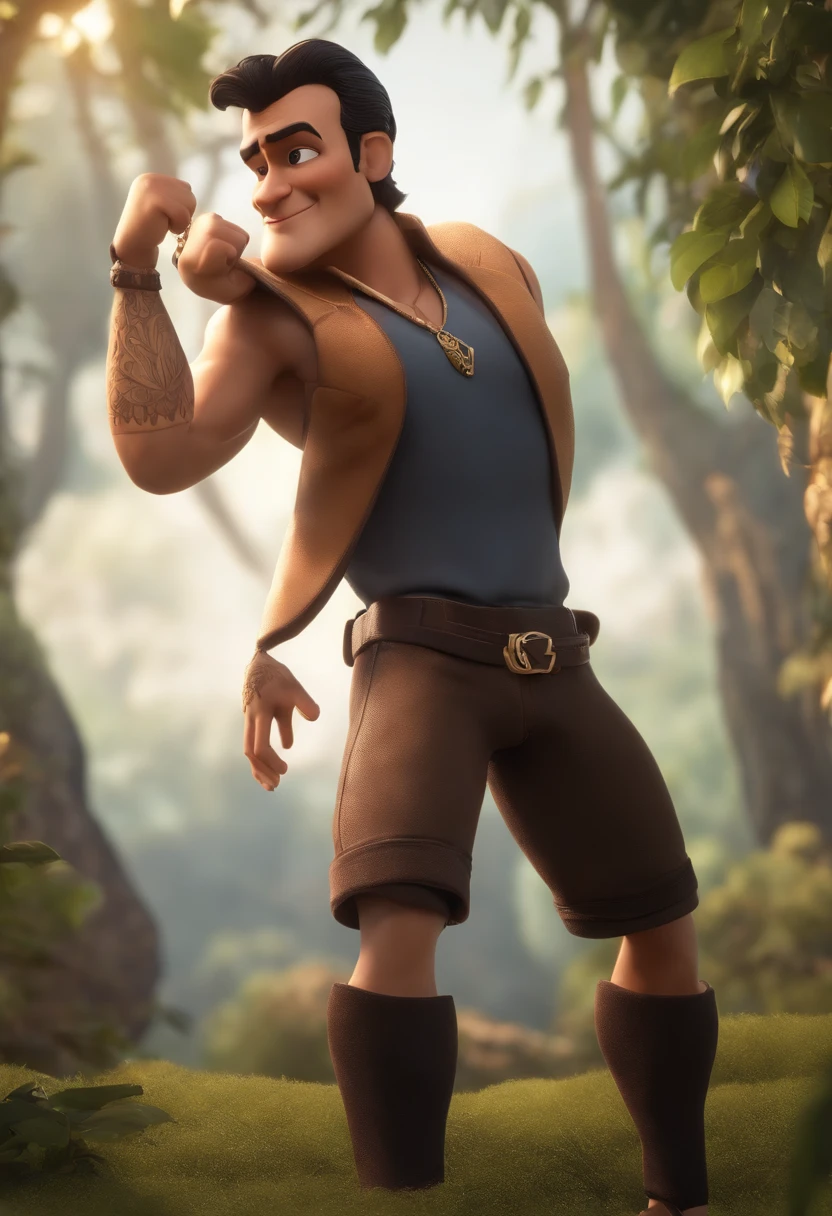 personagem dos desenhos animados de um homem de pele escura, com tatuagens no corpo todo, de molerom, cabelo cacheado, Eyebrow piercing and slightly slanted eyes animation character, Caractere estilizado, animation style rendering, 3D estilizado, Arnold Maya render, 3 d render stylized, toon render keyshot, Personagem 3D, Personagem 3D, 3d rendering stylized, 3 d character render, personagem de desenho animado, Personagem de close up, Pose de personagem, (Estilo Pixar) (master part:1.2) (Bokeh) (best quality) (pele detalhada) (textura detalhada) (8k) (argila) (Cinematic lighting) (foco nítido