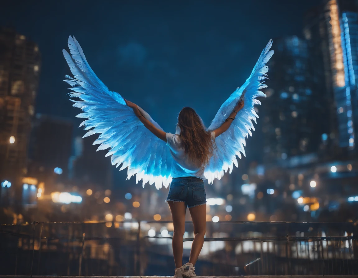 A woman with wings in the city at night - SeaArt AI