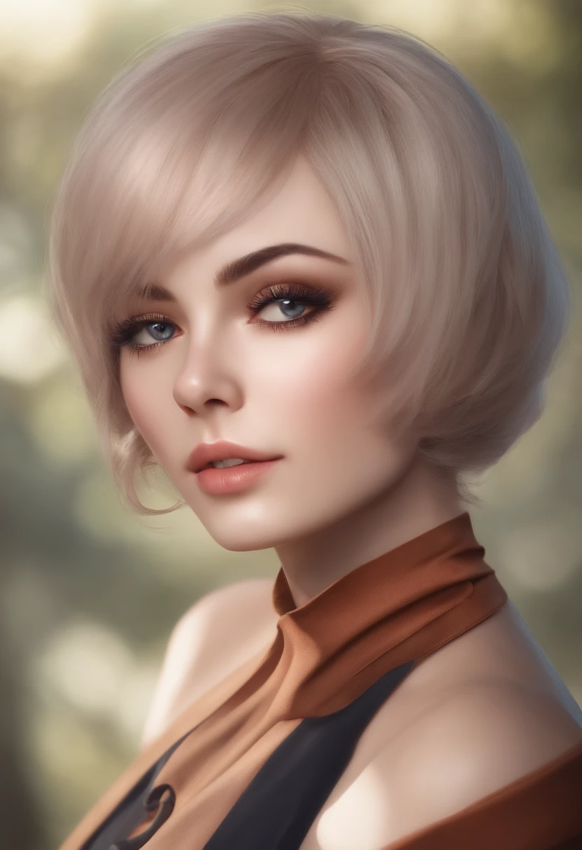 female pervert，short detailed hair，with a round face，largeeyes，