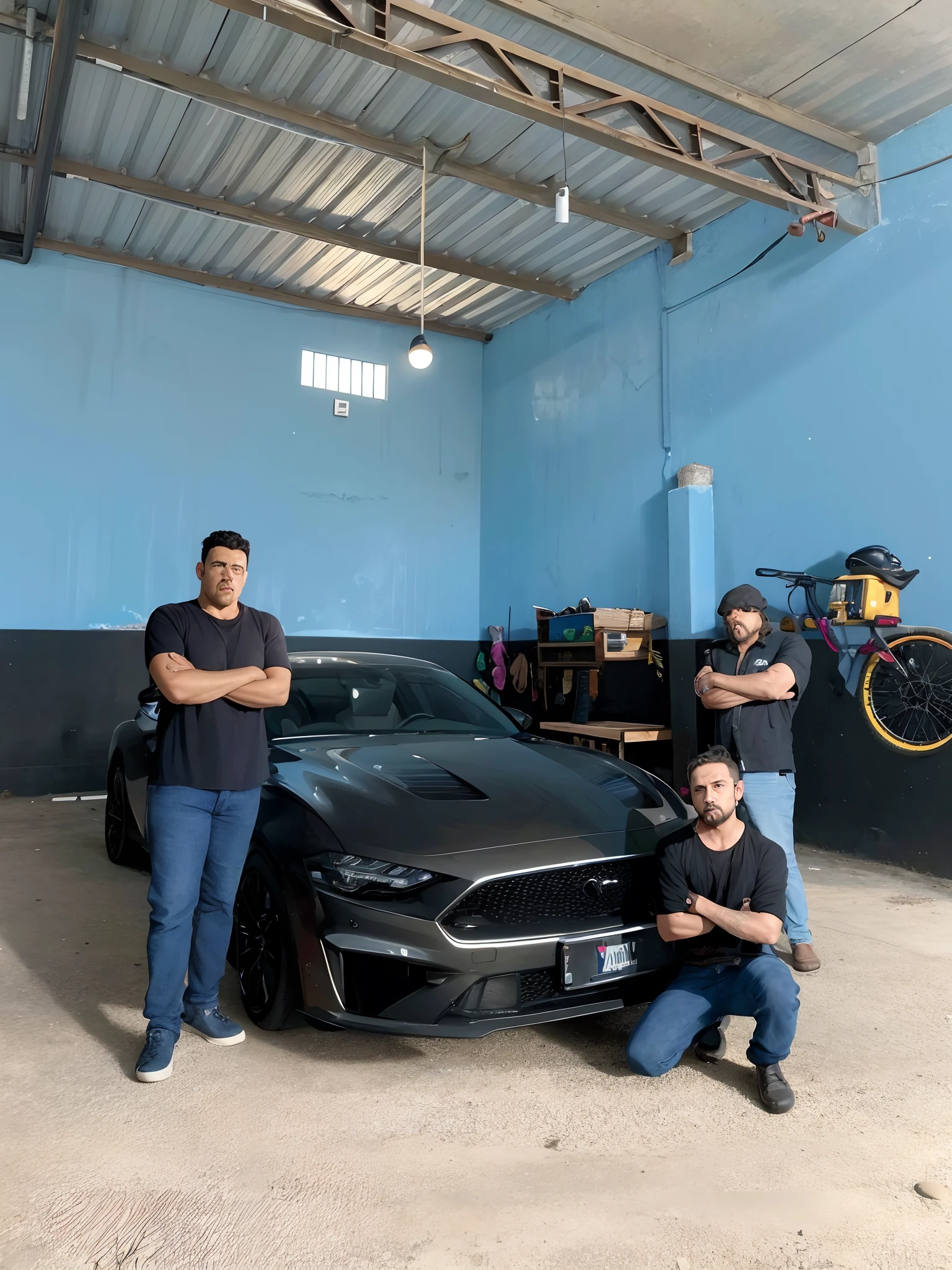 dois homens ao lado de um carro preto em uma garagem, imagem frontal, frontal, VantaBlack GI, macho, Mechanicalgirl, Directed by: Judith Gutierrez, Directed by: Willian Murai, Directed by: Matteo Pérez, pro - vida, automotivo, Directed by: Jorge Velarde, Directed by: Alejandro Obregon, tiro de corpo inteiro, tiro de corpo inteiro