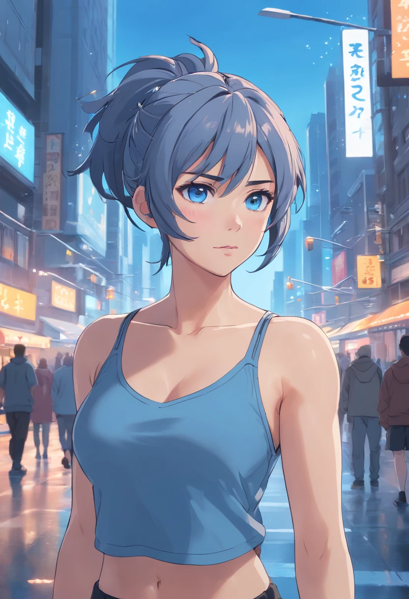 Blue eyes, Masterpiece, Best Quality, 8K, Photographic Reality, Realistic, Octane Rendering, Bustling Urban Streets of CHicago (1 Woman: 1.4), (Only One Woman on the Screen: 1.3), (Grey Shirt), (Black Hair in Ponytail), (Black shorts), (silver teardrop pendant), (Blue Eyes) Upper Body Display (Asian-American) (Fit, Athletic, Tall, muscular, strong)(big Breasts) (Frost Giant)