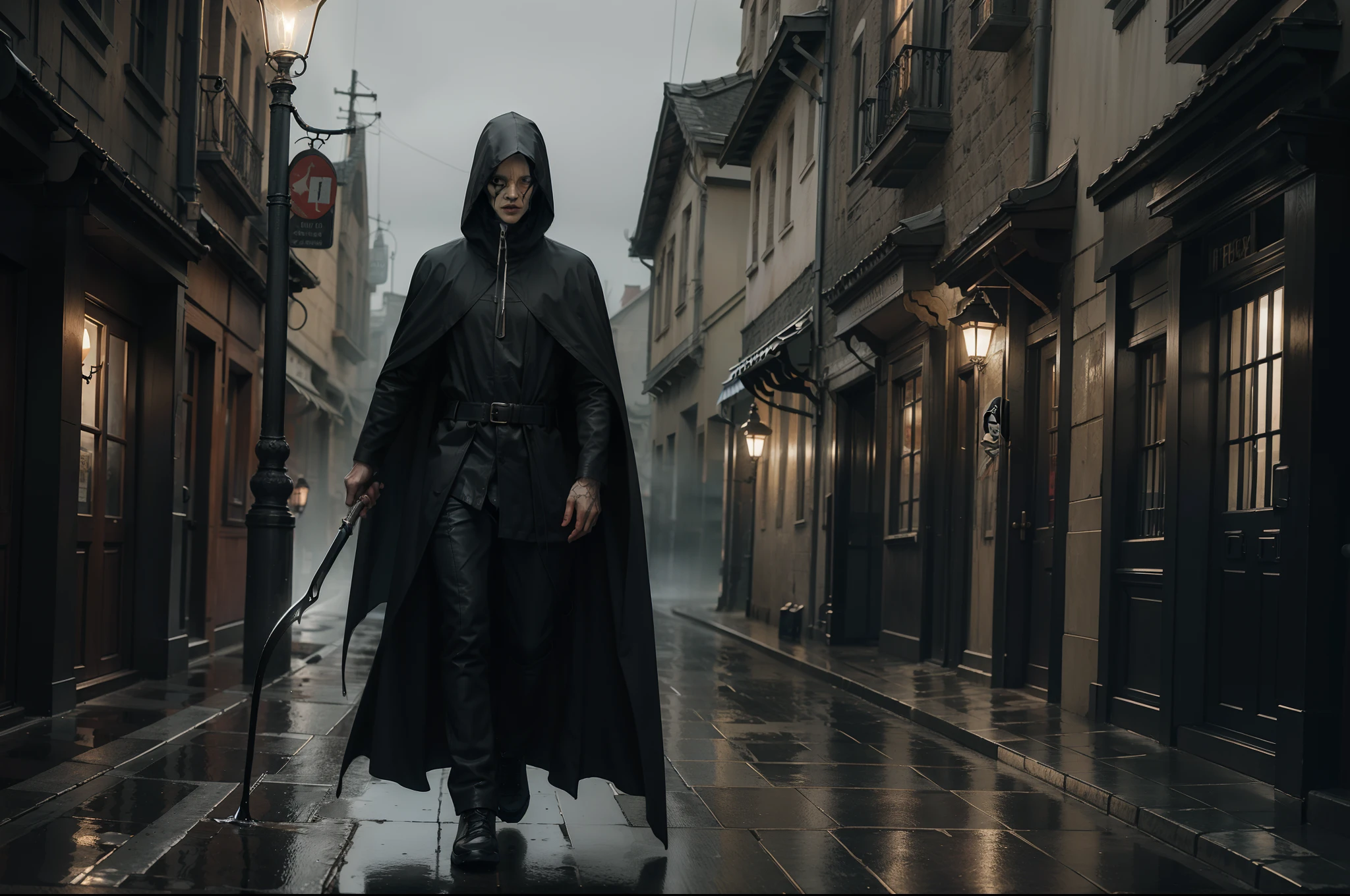 The Grim Reaper, pale face, wearing long cape with hood, holding a sickle, walking on a street of a medieval town, foggy rainy night, wet cobblers on the street, heavy rain, gloomy atmosphere, scary scene, lightning , Highly detailed.