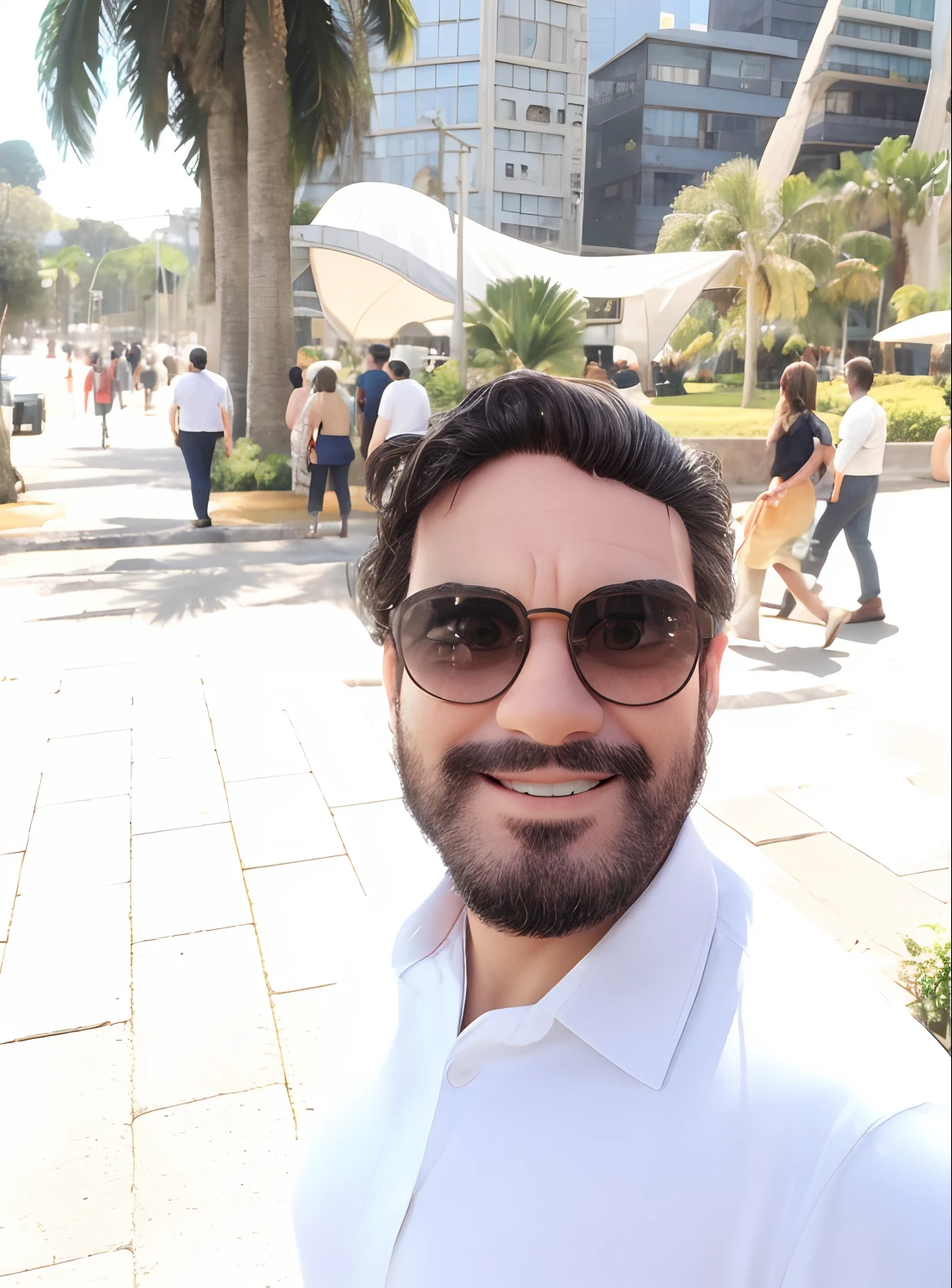 Homem moreno, barbara preta, cabelo cacheado preto, sunglasses, camisa branca