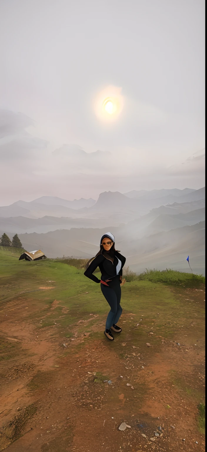 There's a woman standing on a hill with a kite in the air, standing on the top of a mountain, standing on mountain, no topo de uma montanha, Standing on top of a mountain, com nevoeiro, no topo de uma montanha, no topo de uma montanha, nevoeiro ao fundo, Standing on a hill, em frente a uma montanha, nas montanhas