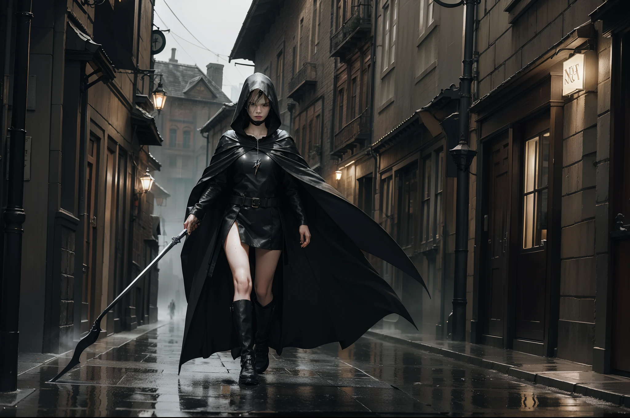 The Grim Reaper, pale face, wearing long cape with hood, holding a sickle, walking on a street of a medieval town, foggy rainy night, wet cobblers on the street, heavy rain, gloomy atmosphere, scary scene, lightning , Highly detailed.