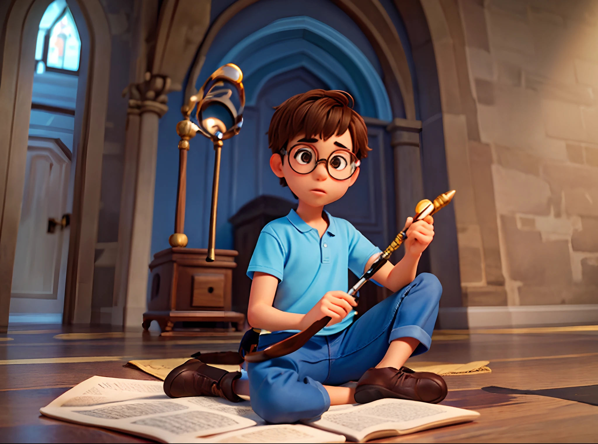 Short brown hair boy with round glasses holding a magnifying glass and a magic wand sitting on the floor with the background of a castle Pixar disney drawing blue shirt and brown pants