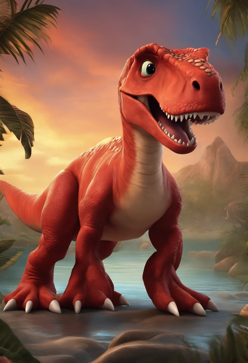 Cartoon Tyrannosaurus rex， girl，red colored skin