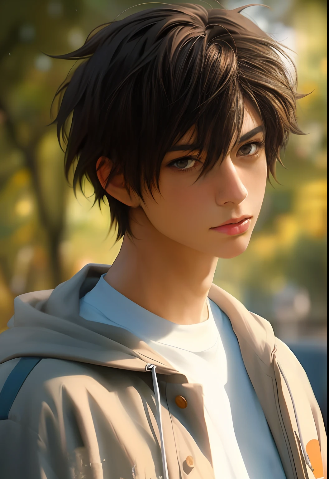 anime boy with a brown jacket and a white shirt, realistic anime 3 d style, anime realism style, artwork in the style of guweiz, realistic anime artstyle, smooth anime cg art, anime boy, semirealistic anime style, makoto shinkai. digital render, 3 d anime realistic, detailed digital anime art, young anime man