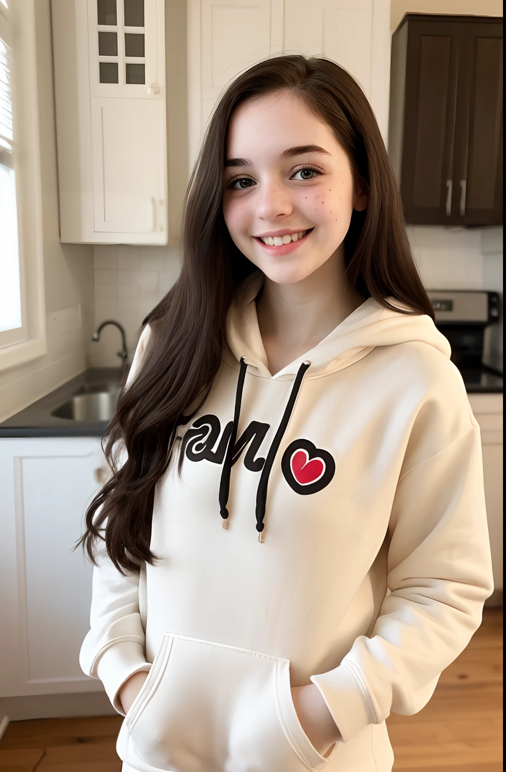 1girl, caucasian, young adult, pale white skin, brown eyes, black hair, long hair, soft face, cute, petite, smiling, freckles, black hoodie, indoors