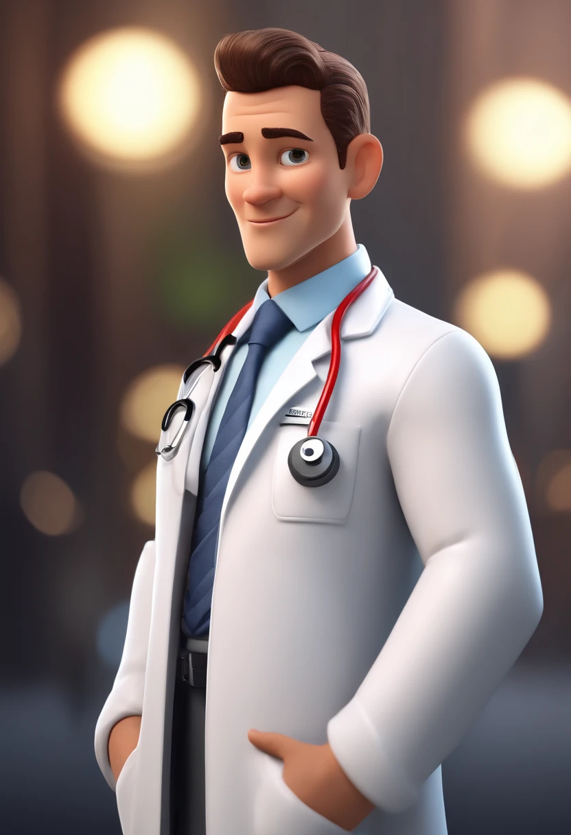 Cartoon character of a cardiologist doctor wearing lab coat and stethoscope , um personagem animado, com o rosto do neymar, animation style rendering, 3D estilizado, , 3 d render stylized, toon render keyshot, Personagem 3D, Personagem 3D, 3d rendering stylized, 3 d character render, personagem de desenho animado, Personagem de close up, Pose de personagem, (Estilo Pixar) (Bokeh) (best quality) (pele detalhada) (textura detalhada) (8k) (argila) (Cinematic lighting) (foco nítido，Senta e vaza a parte superior do corpo