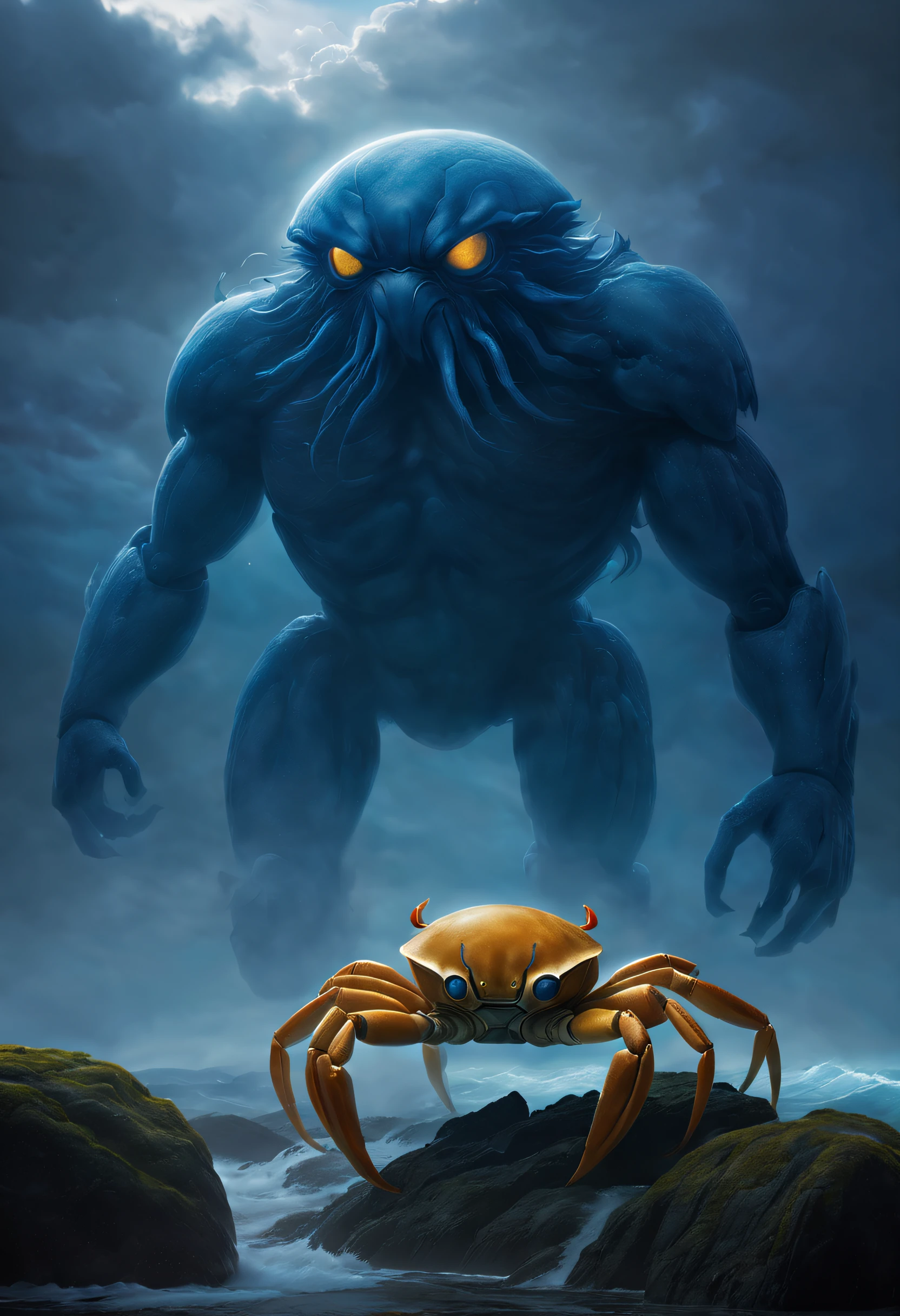 （A giant crab stands in the fog，Staring fiercely at a man begging for help），（a creature 5 meters tall:1.0），（The big golden eyes were unusually bright：1.37）（The thick legs of two giants stand on the reef） ，（The edges are golden），（Dark blue wide oval abdomen）, （Very hard and thick shell texture）， (There are a pair of large protruding compound eyes：0.8），（Unusually long and flexible antennae：1.1），（The length is about 1/3 The width of the crab's body：0.5） ，（There is a small pair of pliers on the top of the head），（Fresh fluff：0.8）， giant ethereal creature,The texture is clear， （People who ask for help：1.37），（Deep blue lightning thundering sky.0 empty）， Background with：nebulous sky，（salama：1.1（rough sea），（Greatwave：），（reef）， 真实感，Epic，ultraclear，afterimage, Dutch angle, From below, Sony FE GM, Chiaroscuro, Blurry, hyper HD, Masterpiece, Textured skin, Super detail, High details, High quality, Award-Awarded, Best quality, A high resolution, 8K，Epic，sci-fy，Futuristic fantasy，cotw，thriller