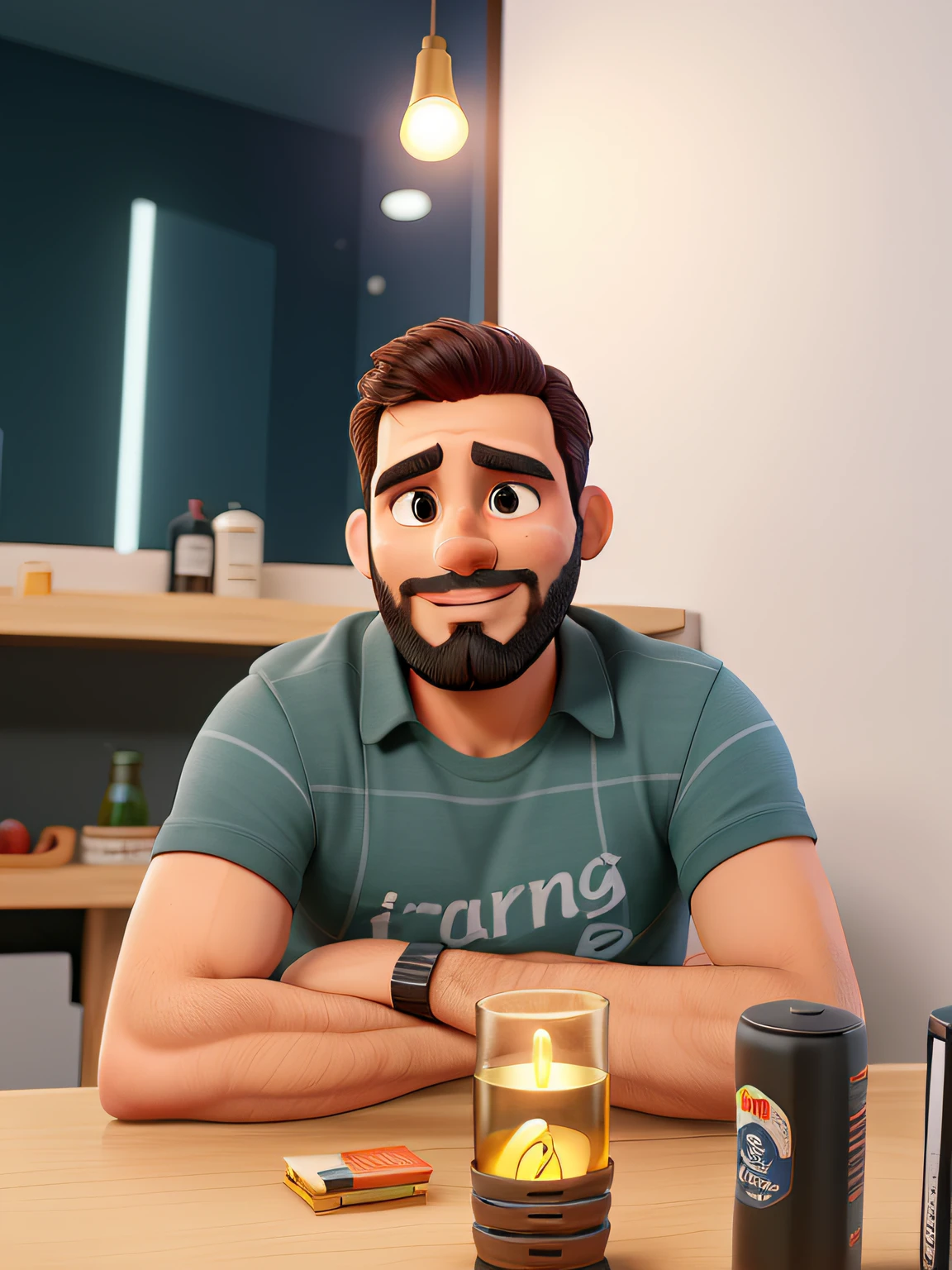 Um homem, 34 anos, bonito, de barba, illuminated by the light of a lamp, contra o pano de fundo de um bar