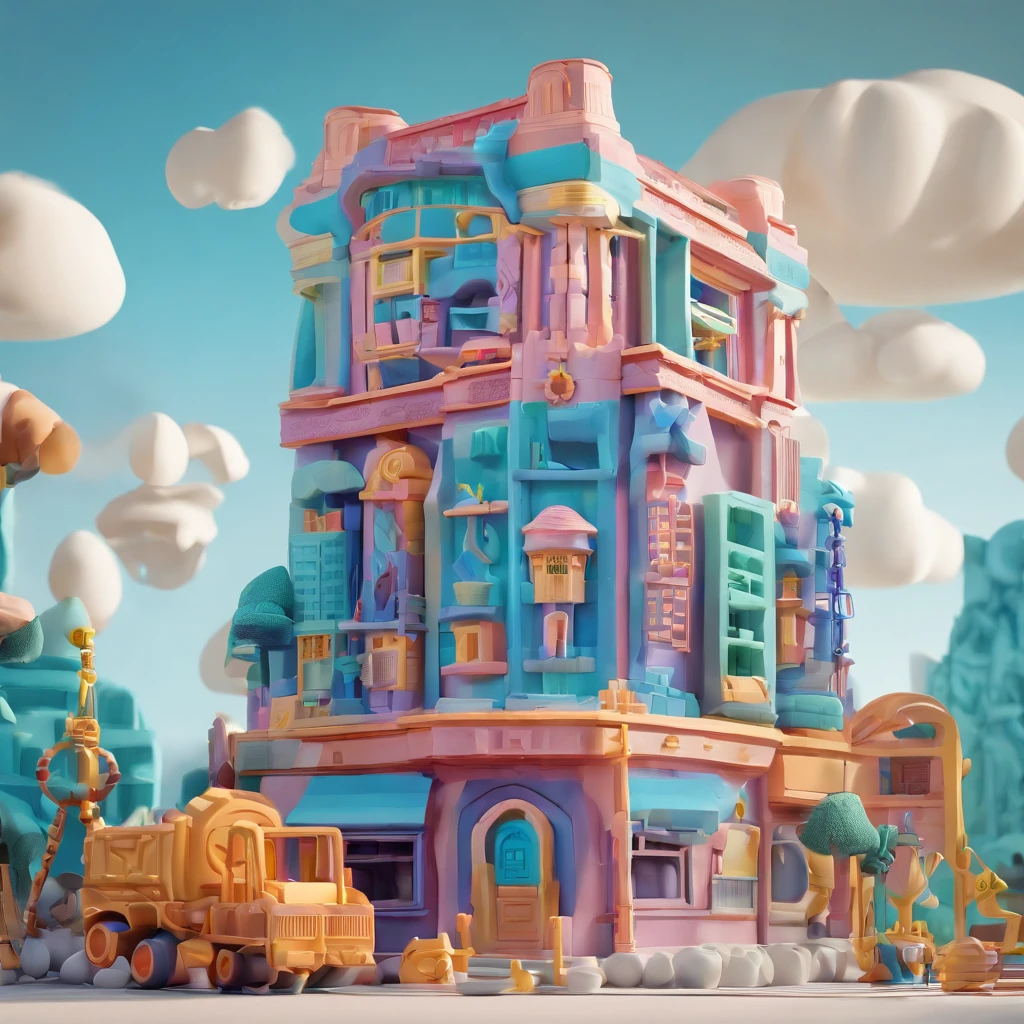 Office building under construction, blue-sky, Clay material, Style de Design Cartoon, POP MART, softlighting, smooth lines, Tilt Offset Lens, Detailed sci-fi illustrations, Surreal details, warm color