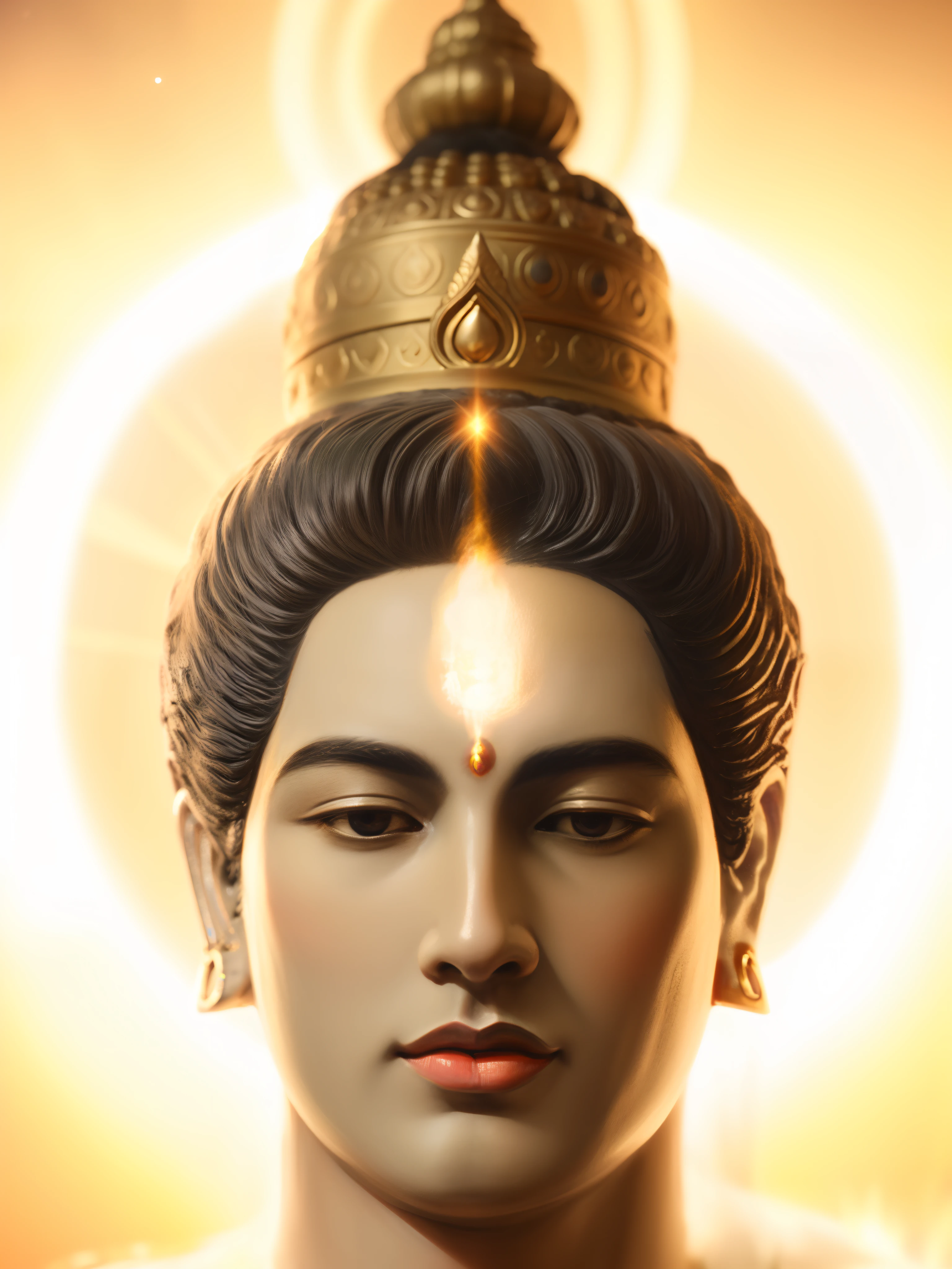 a poster 8K Ultra HD, highly detailed, super realistic , painting of a handsome buddha, attractive male deity, shiva, artistic depiction, lord shiva, ashoka tano, glowing halo above his head, inspired by Thota Vaikuntham, hindu god, avatar image, hindu aesthetic, eye level view, by Nicholas Marsicano