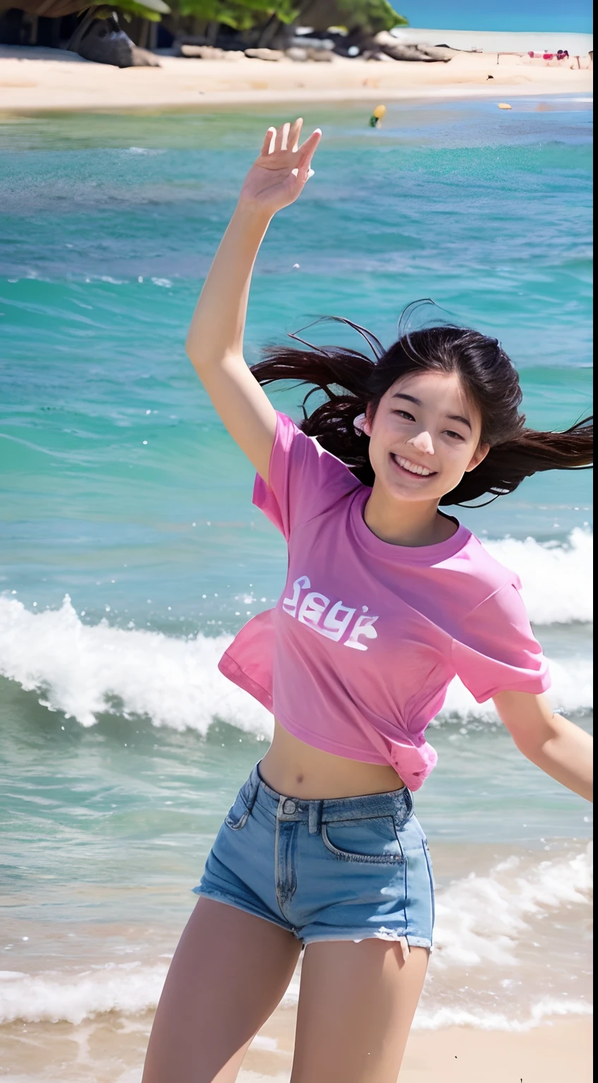 age19 、Energetic college girl 、Pink T-shirt 、Beautie 。sand beach、Feeling of movement