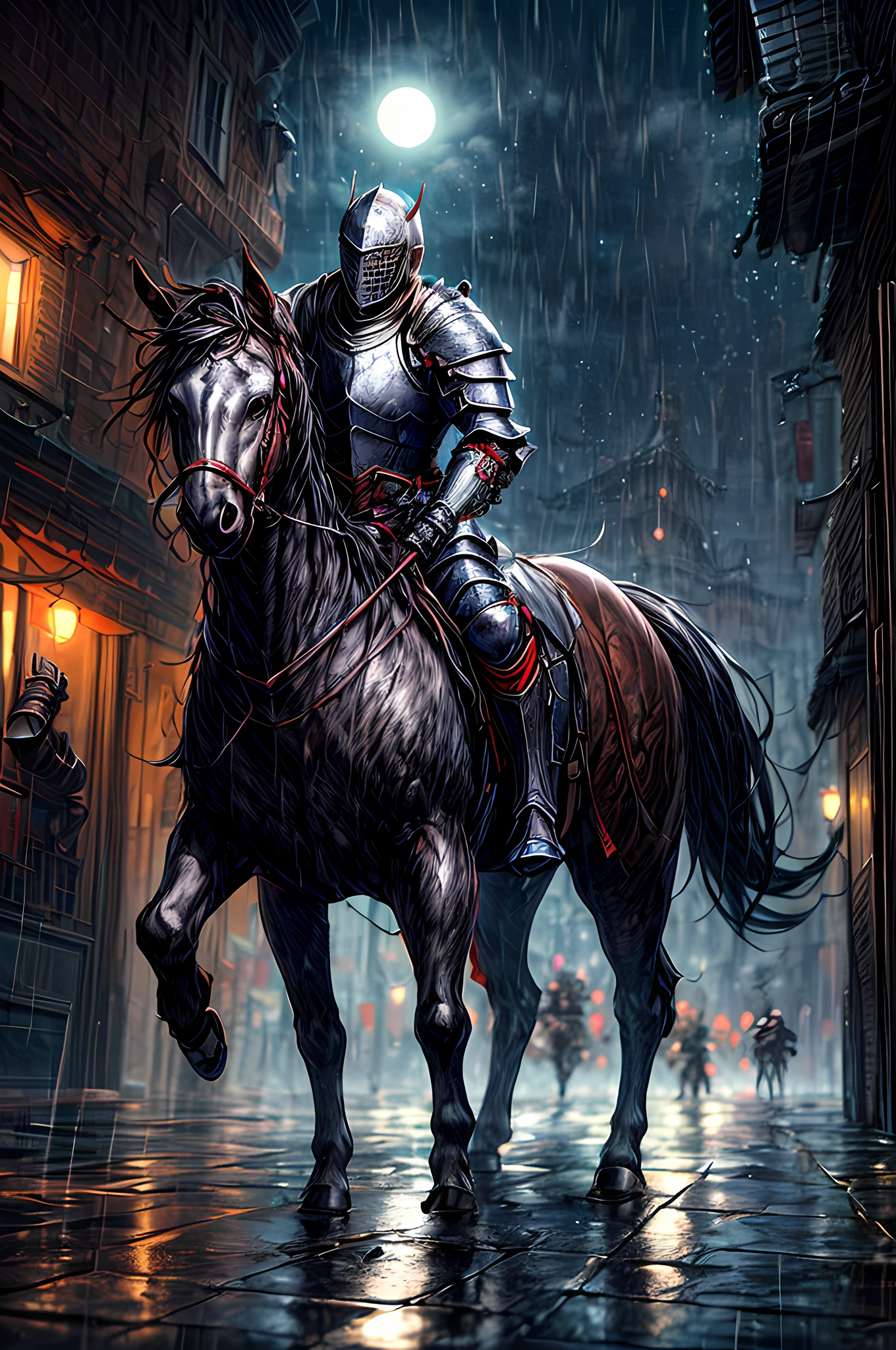 fantasy art, RPG art, high details, best quality, 16k, RAW, [best detailed], masterpiece, best quality, (extremely detailed), (full body: 1.2), ultra wide shot, photorealistic, a (noble knight: 1.3) rides his horse in the dark streets of a medieval town, its raining heavy rain, the rain drops on the noble knight, drops on the street, puddles in the street,  the  knight wears (heavy armor :1.3), wearing helmet, armed with a (intricate sword: 1.3), the street is dark, lit by torches, a (fantasy temple: 1.2) in the background, fantasy urban town setting, cloudy night, full red moon,