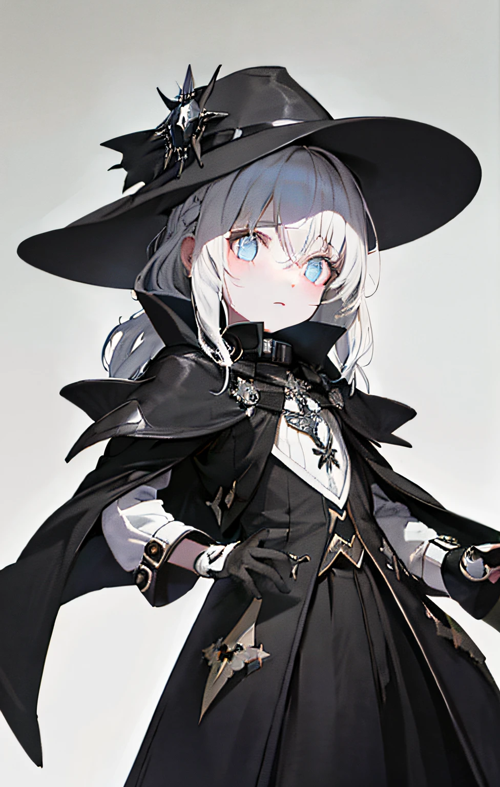 Best quality at best,ultra - detailed,19th century Europe,1little girl,mistic,deep dark background,black greatcoat,White-colored skin,cabelos preto e longos,black glove,staredown,
