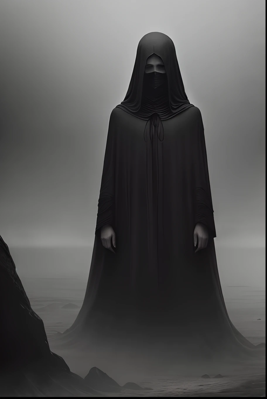 (best quality:1.2), dark existence, haunting atmosphere, mysterious figure, sinister shadows, ethereal beauty, ominous aura, dense fog, dreary landscape, eerie silence, enchanted forest, gothic vibes, haunting eyes, pale complexion, evocative emotions, dramatic lighting, cold moonlight, whispering wind, intense details, foreboding presence, uncanny presence, otherworldly atmosphere, ghostly apparition, subtle and delicate textures, dark and brooding colors, grayscale tones, lone figure in the distance, unseen horrors, ominous stillness, uncertain reality,мpervasive sense of unease, disquieting setting, chillingly mysterious, macabre elements, unsettling mood.