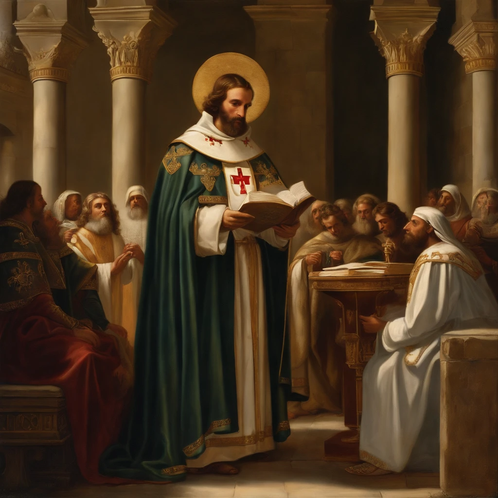 A imagem retrata St. Bernardo de Claraval, um santo antigo, in a speech to the Knights Templar in medieval times. St. Bernard is portrayed as an old man, Appearance wise and serene, wearing a religious habit typical of medieval times.
he's standing, in a prominent position, on a raised platform or makeshift pulpit, so that all may see and hear Him clearly. In his left hand, ele segura uma cruz grande, symbolizing their Christian devotion and faith. A cruz pode ser detalhadamente esculpida e adornada com ornamentos dourados ou prateados.
St. Bernard addresses his address to the Knights Templar, that are positioned in a nearby formation. They are depicted wearing full medieval armor, with its distinctive features, Like the Templar cross on its shields and robes. The Knights Templar are listening intently, showing respect and reverence to the saint.
The surrounding setting is set in a medieval room or chapel, with architectural details characteristic of the time, as Gothic columns, vitrais coloridos e elementos decorativos em pedra. The lighting is soft, vindo de janelas altas, casting a soft glow on St. Bernard and the Knights Templar.