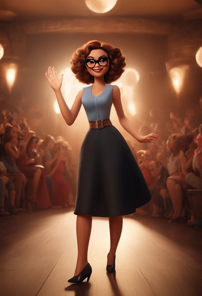 "(best quality,ultra-detalhado,Realistic:1.37),3D rendering,illustration,design de personagens,cabelos curtos e lisos vermelho escuro,belos olhos detalhados,wearing black glasses,Estilo Pixar,branca mulher,Dancing on the Disney stage,atmosfera animada,vivid colors,luzes de palco,expression joyful",com uma camera fotografica nykon.